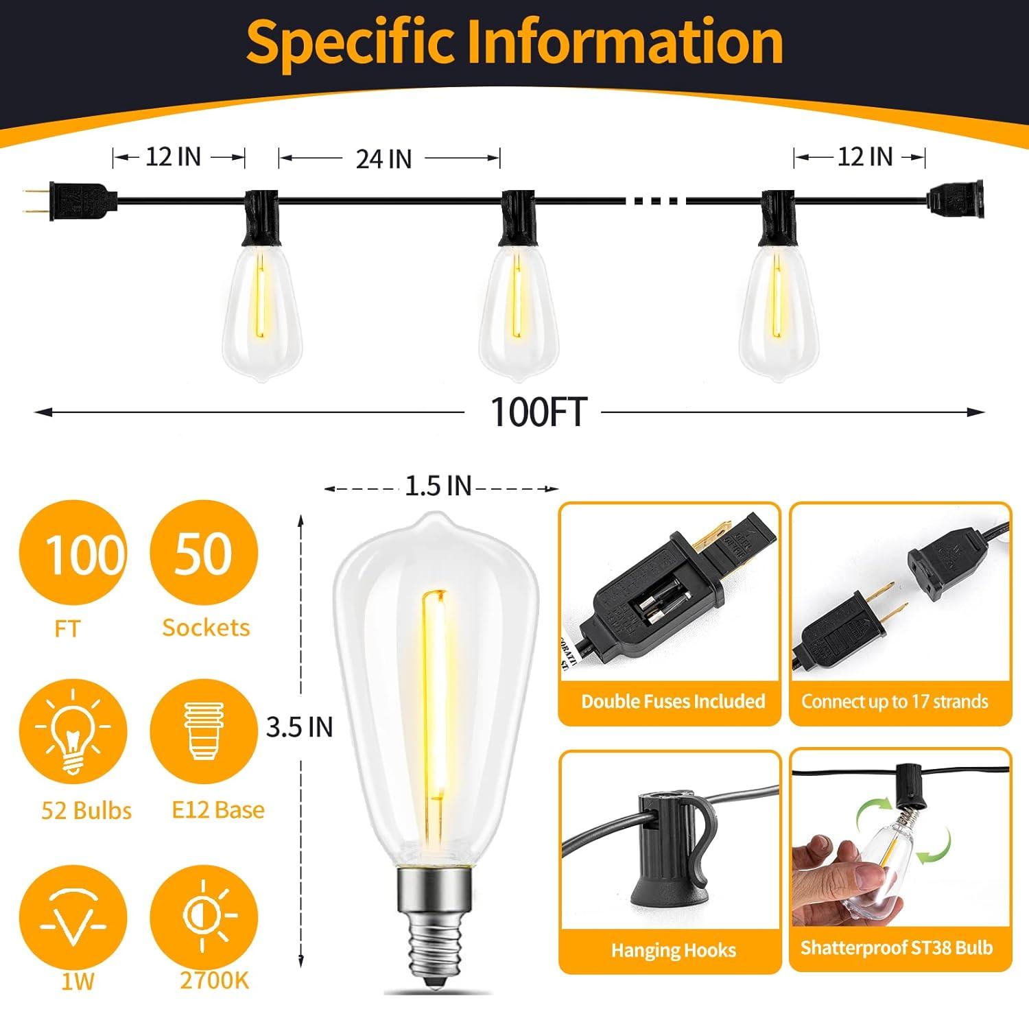 Arlmont & Co. Arlmont & Co. LED Outdoor String Lights 100FT Patio Lights With 52 Shatterproof ST38 Vintage Edison Bulbs
