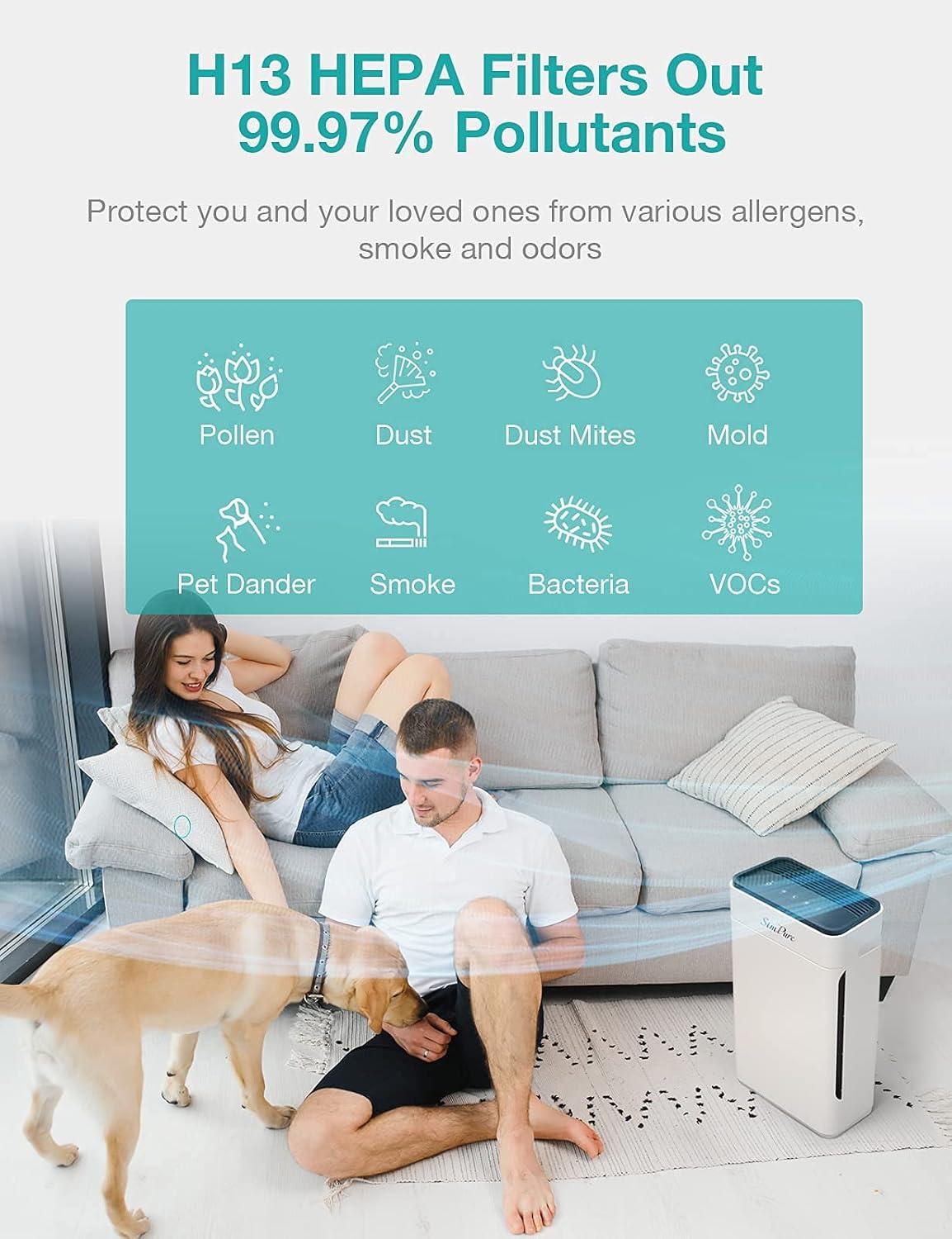 SimPure HP8 Air Purifier for Home Large Room & Bedroom & Office, Quiet True HEPA Filter Air Cleaner for Allergies, Pets, Smokers, Eliminates Allergens, Smoke, Odors, Dust, Pets Hair Dander, Mold