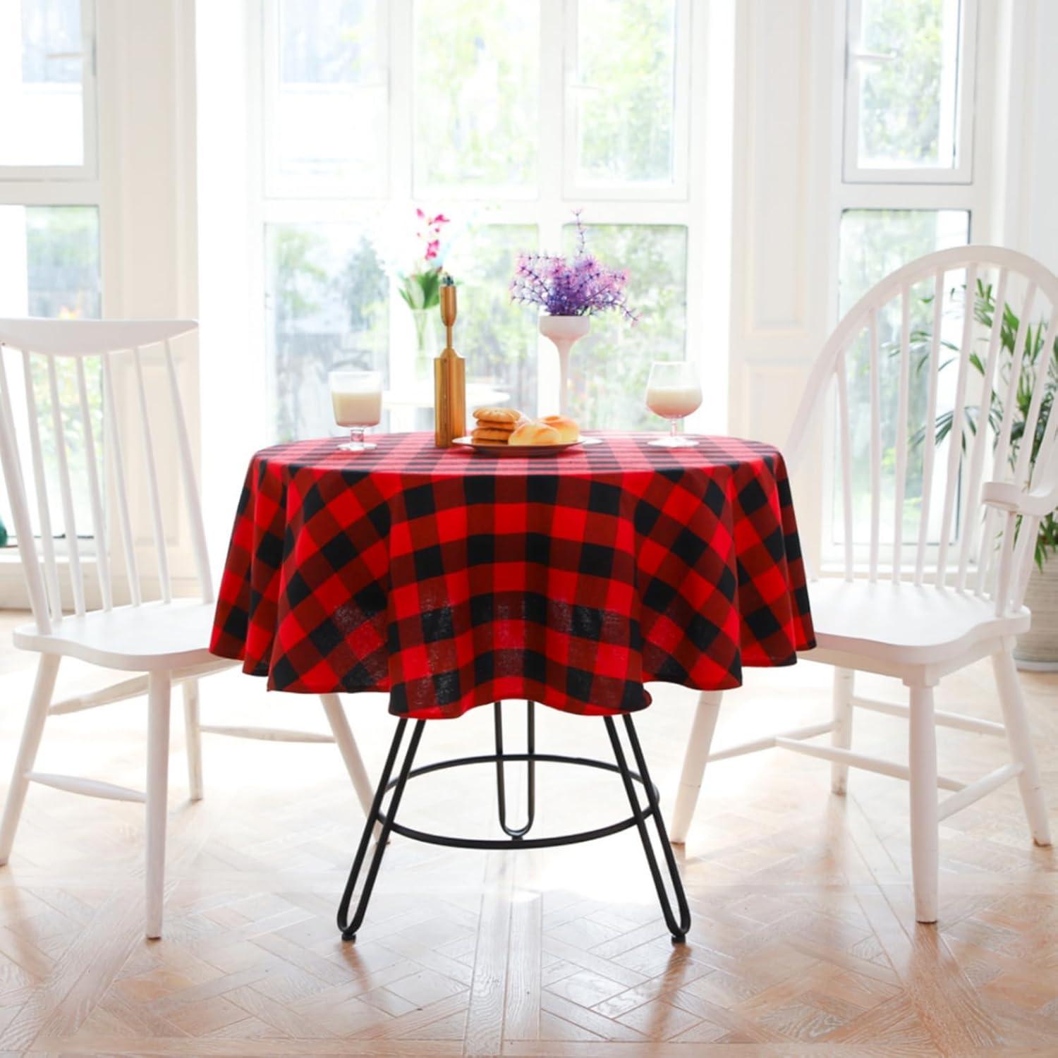 Buffalo Plaid Round Tablecloth Checkered Cotton Linen Table Cover for Kitchen Dining Room Home Decor ( Round - 48 Inch, White & Black )