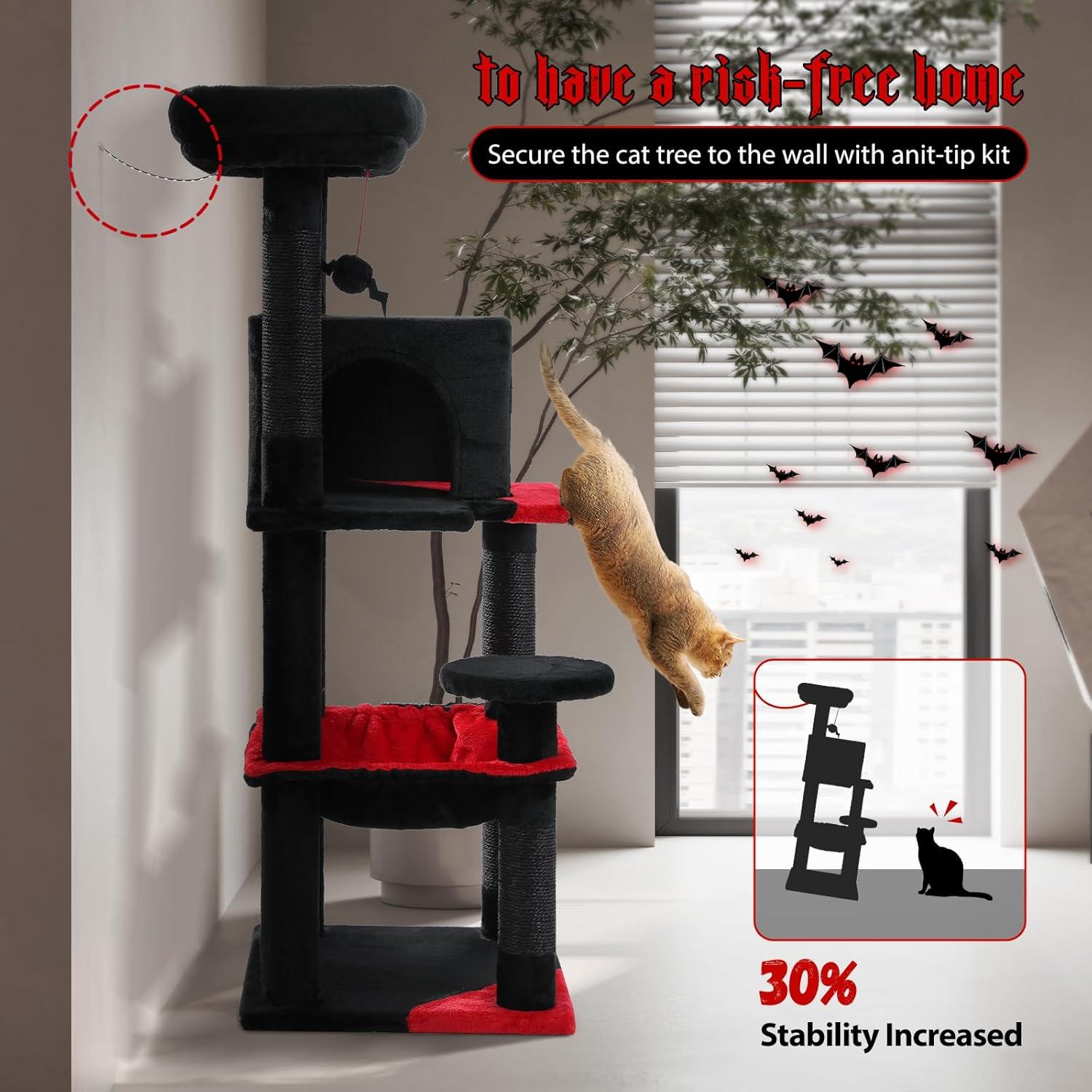 Gothic Cat Tree With Super Large Hammock, Cat Tower With Coffin Bed, Cat Condo, Sisal Scratching Posts & Top Perch, Multi-Level Goth Cat Tree, Halloween