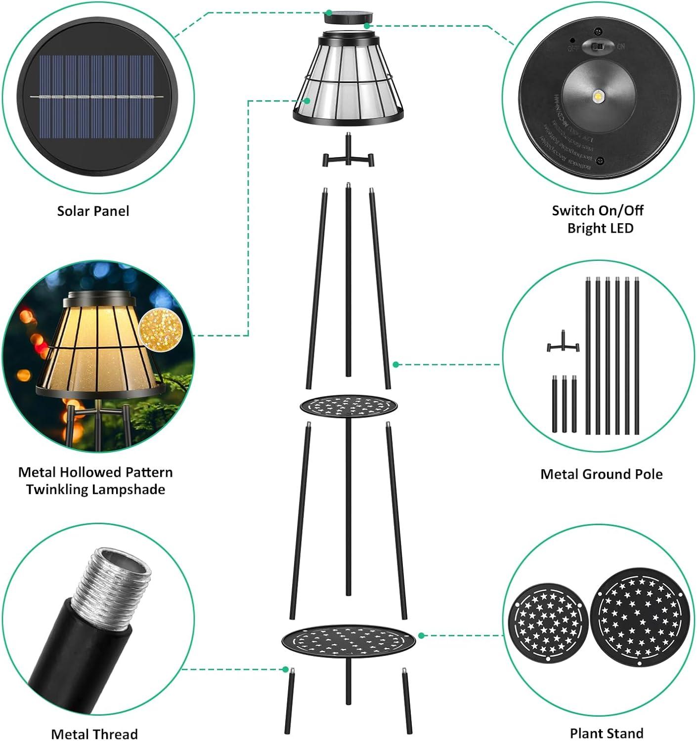 2 Pack 45.5'' Outdoor Floor Lamps with 2 Tier Plant Stand, Solar Powered Metal Waterproof Lights for Patio Deck Yard Garden Porch Decor
