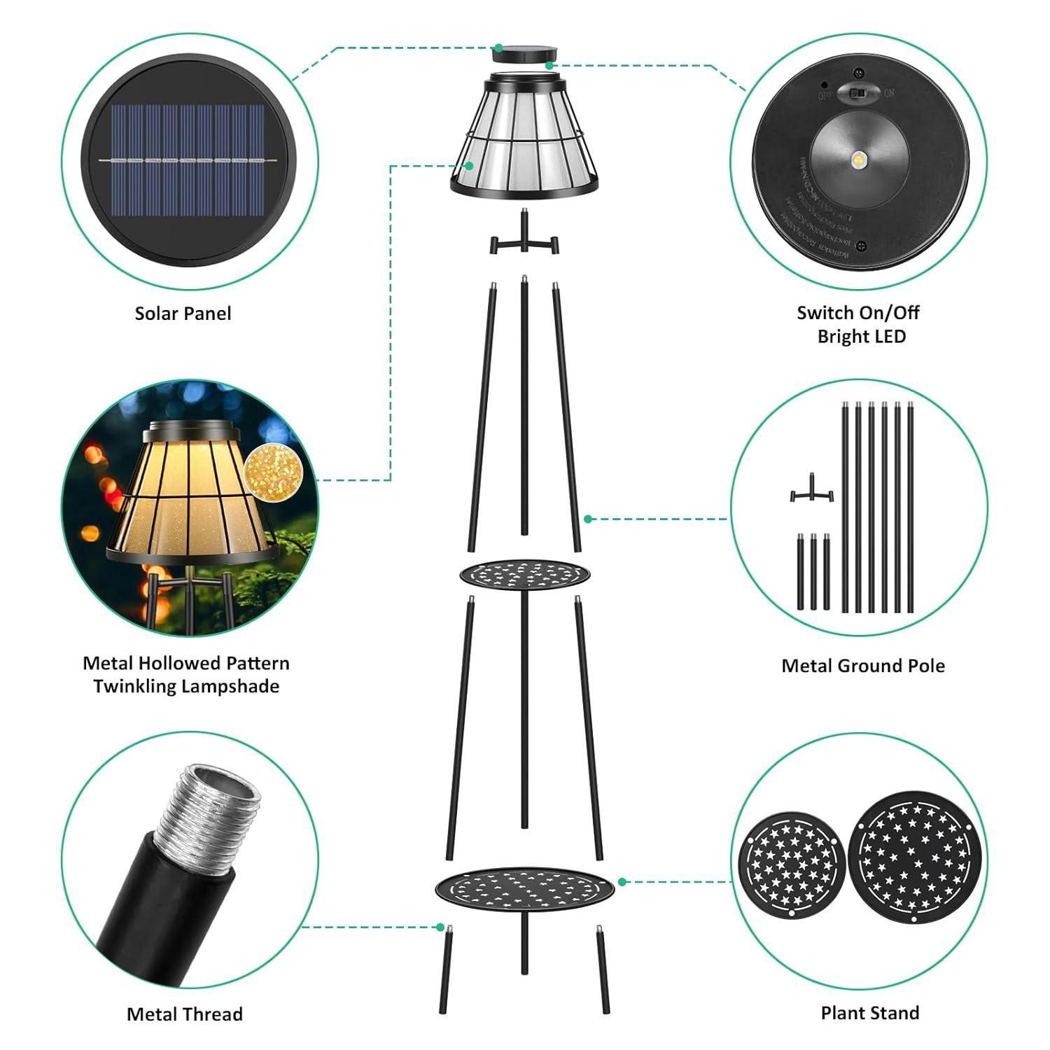 2 Pack 45.5'' Outdoor Floor Lamps with 2 Tier Plant Stand, Solar Powered Metal Waterproof Lights for Patio Deck Yard Garden Porch Decor