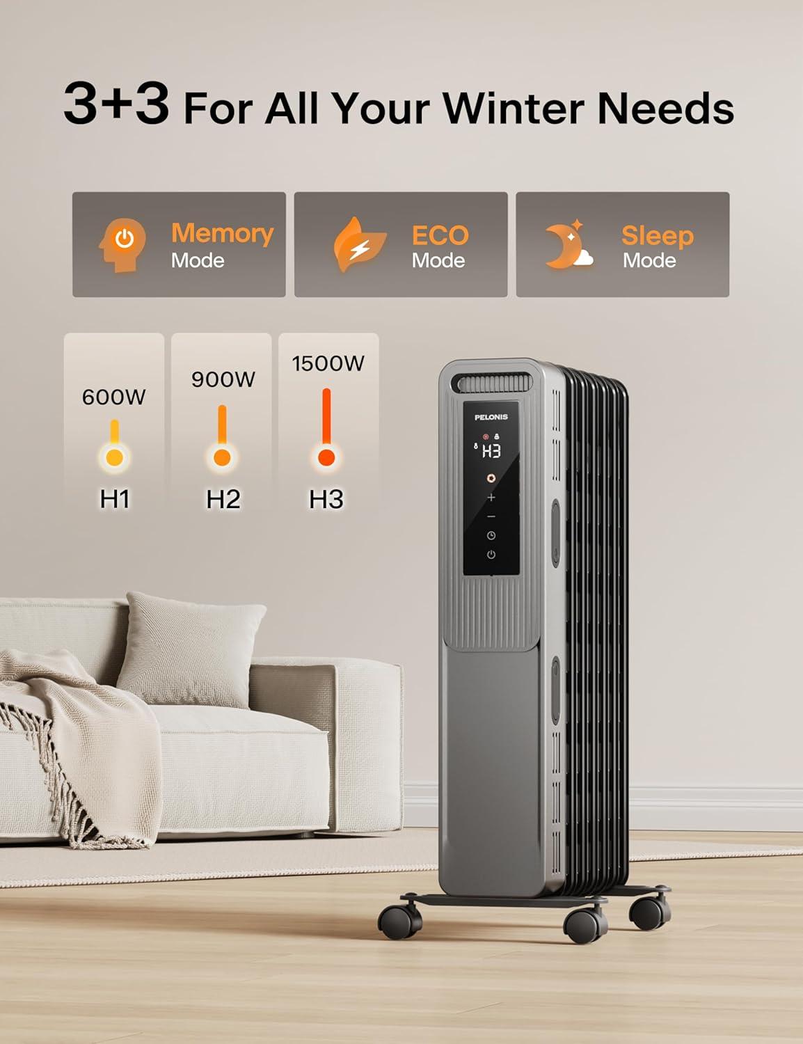 Pelonis 1500W Corded Electric Radiator Heater, 3 Heat Settings, Rooms up to 250 sq ft, Black