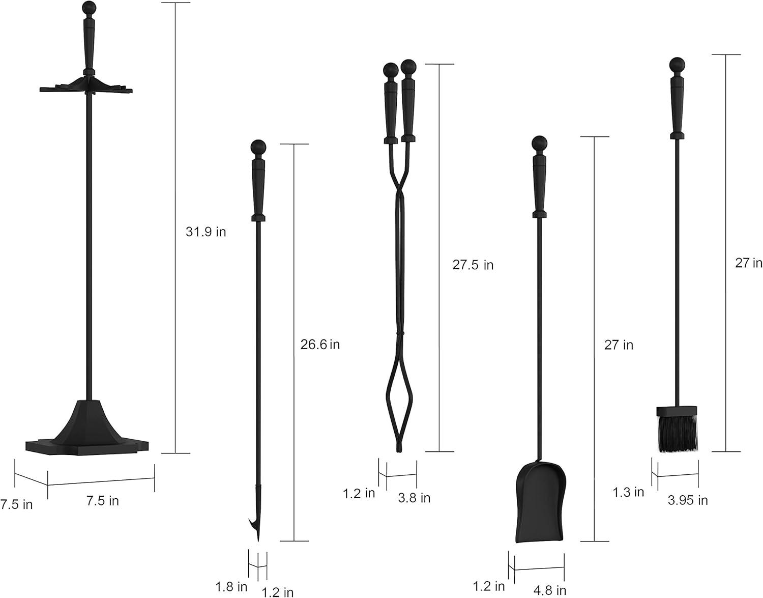 5-Piece Fireplace Tools Set - Essential Heavy-Duty Accessories for Fireplaces - Includes Tongs, Shovel, Broom, Poker, and Stand by Lavish Home