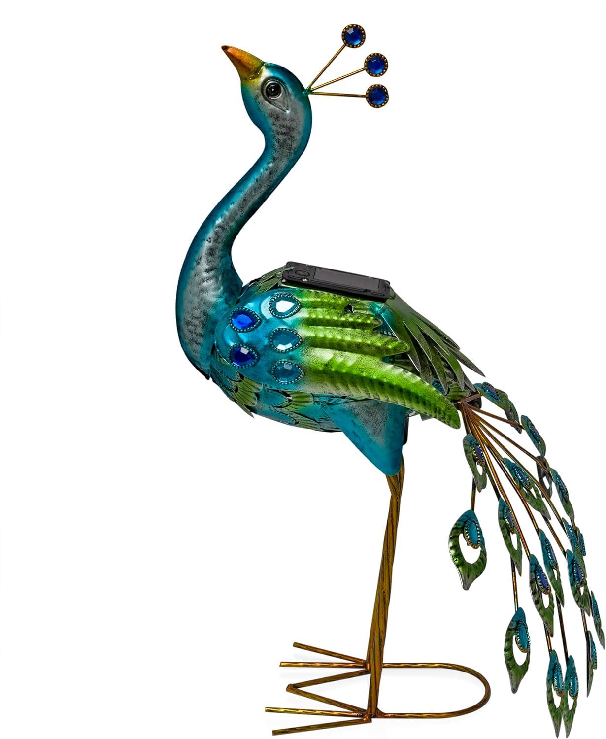 Alpine Corporation LED Solar Garden Peacock: Iron Sculpture, Outdoor Decor, 20" Height