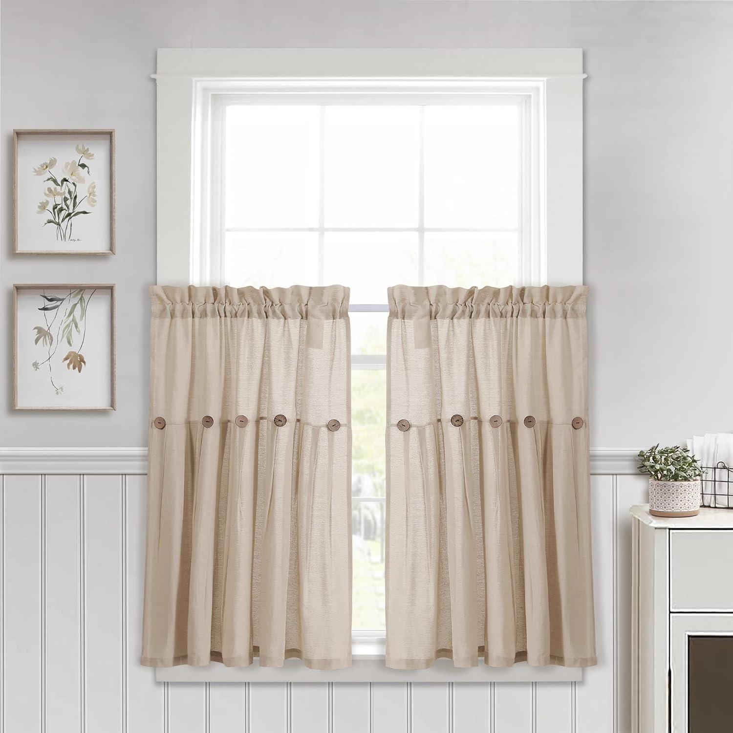 Lush Decor Linen Button Cotton Blend Tailored 29'' W Cafe Curtain (Set of 2)