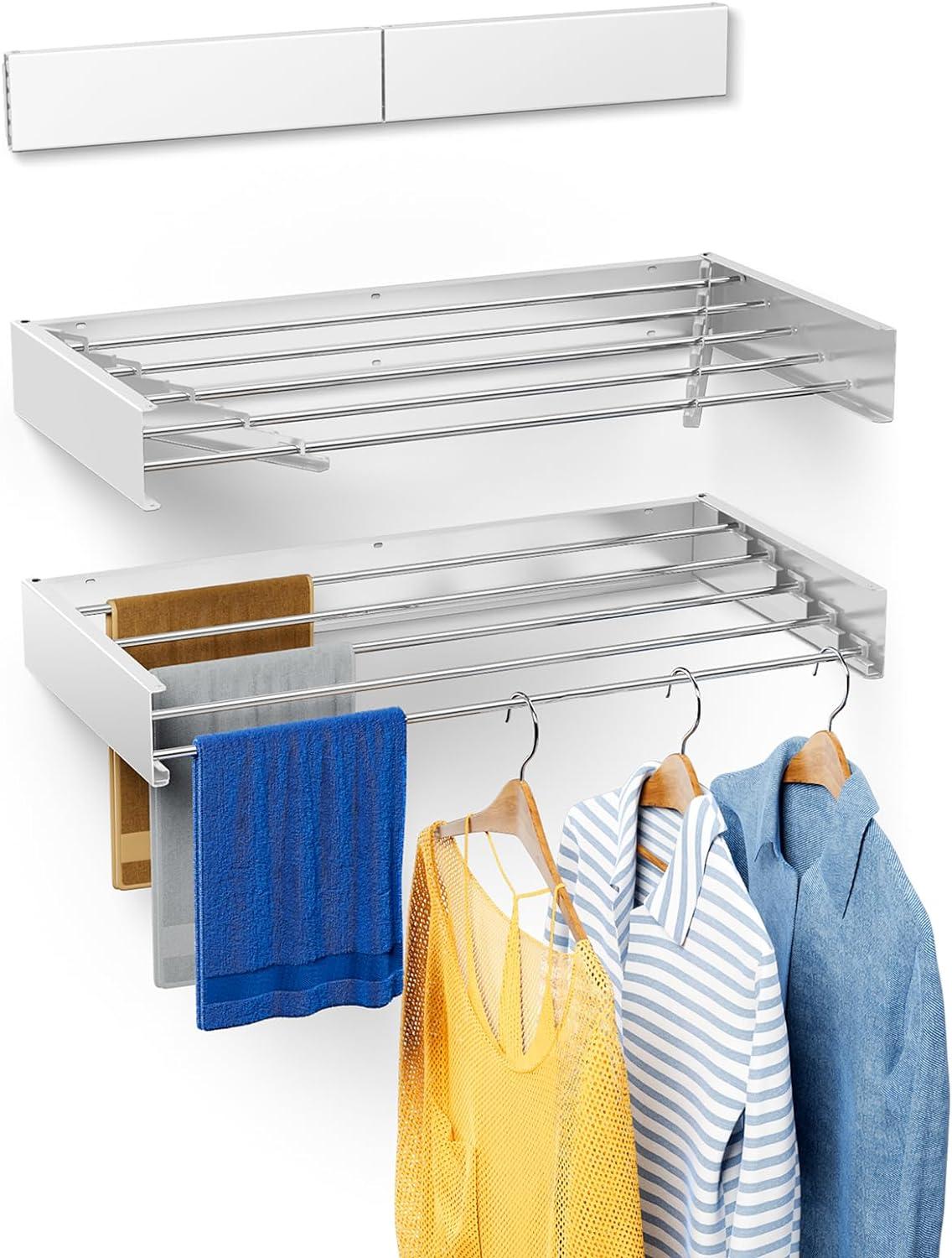 Expandable White Wall Mounted Clothes Drying Rack with Aluminum Rods