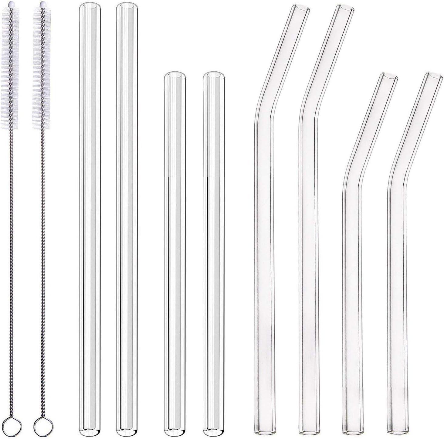8-Pack Clear Glass Smoothie Straws, 10mm Wide 10" + 9 " Long Reusable Drinking Straws with 2 Cleaning Brush