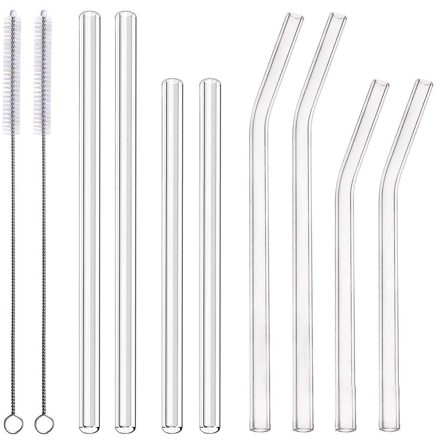 8-Pack Clear Glass Smoothie Straws, 10mm Wide 10" + 9 " Long Reusable Drinking Straws with 2 Cleaning Brush