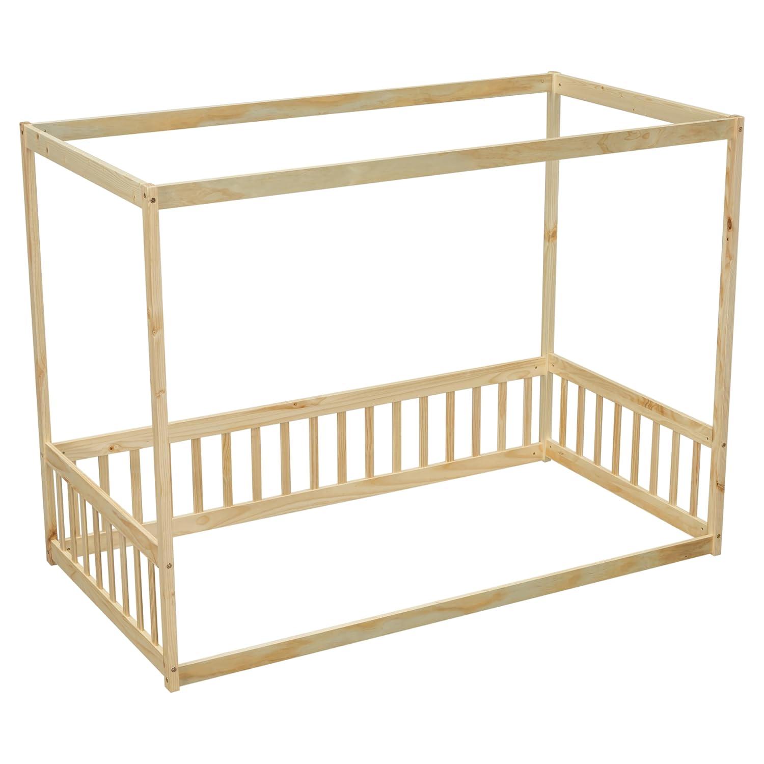Natural Pine Twin Canopy Bed with Drawer and Headboard