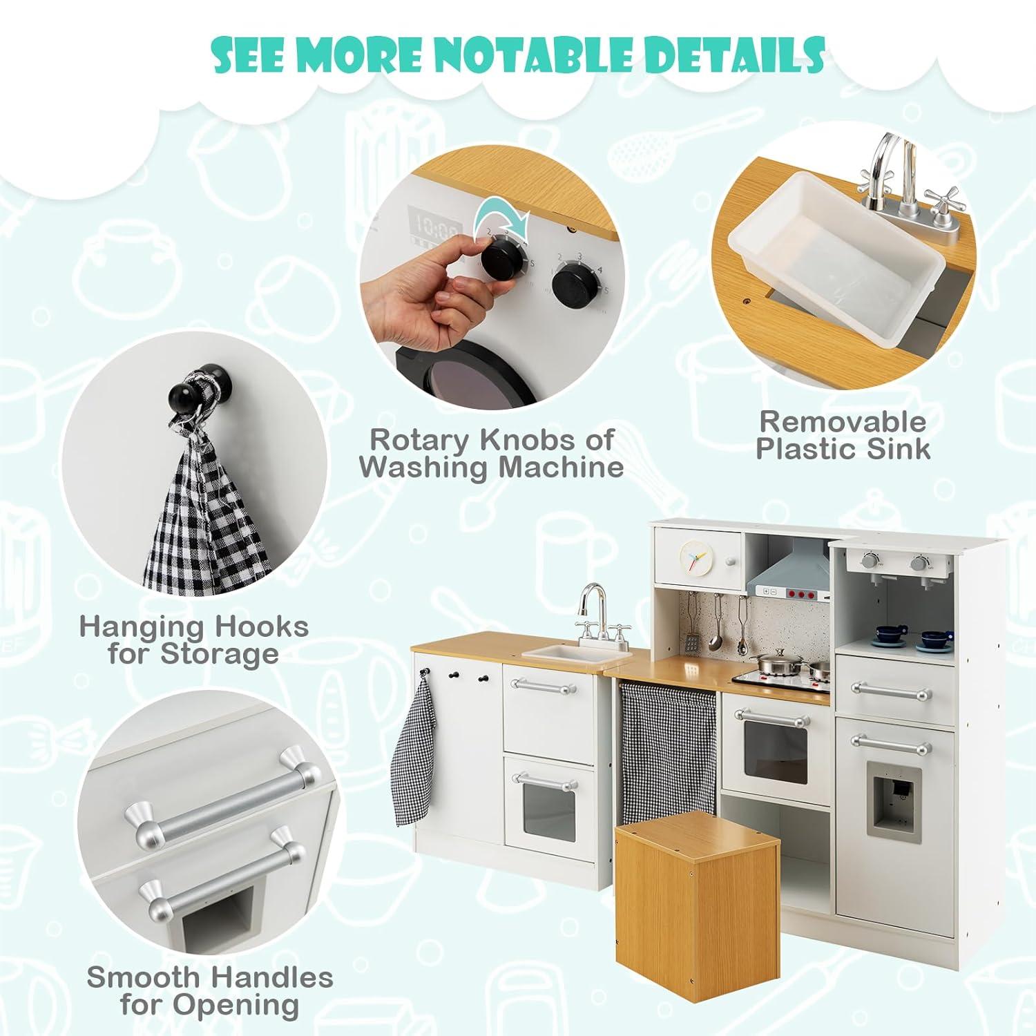 HONEY JOY Kids Kitchen Playset, 2-Piece Modular Wooden Corner Toy Kitchen Set/Washing Machine & Sink, Coffee Maker, Range Hood & Stove, Stool, Little Chef Pretend Play Kitchen for Toddlers, Natural