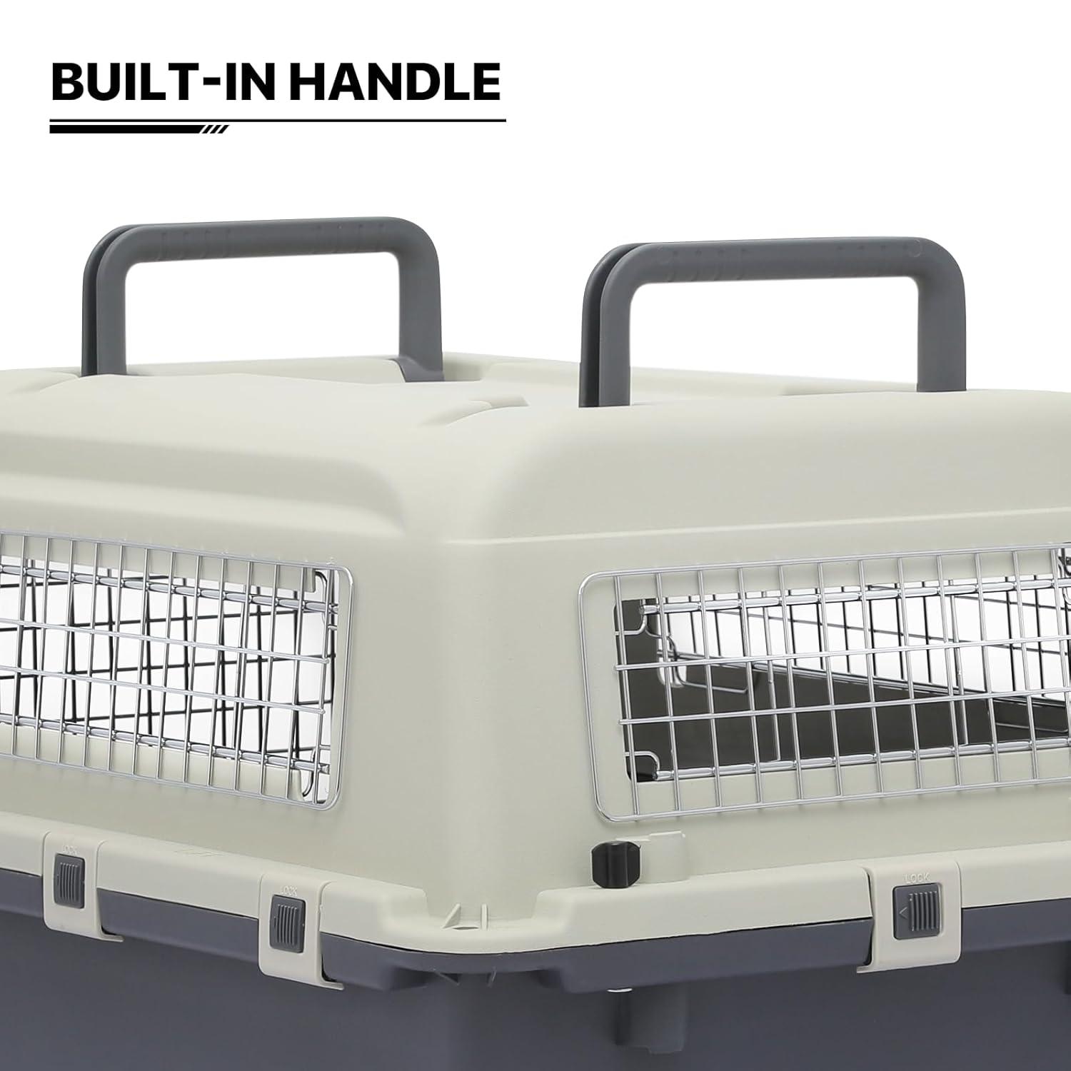 MoNiBloom Jaula Transpirable para Mascotas de 27 Pulgadas, Caja de Transporte, Perrera de Viaje para Perros con Tazones y Ruedas para Gatos y Gatitos, Aprobada por Aerolíneas, Blanco/gris