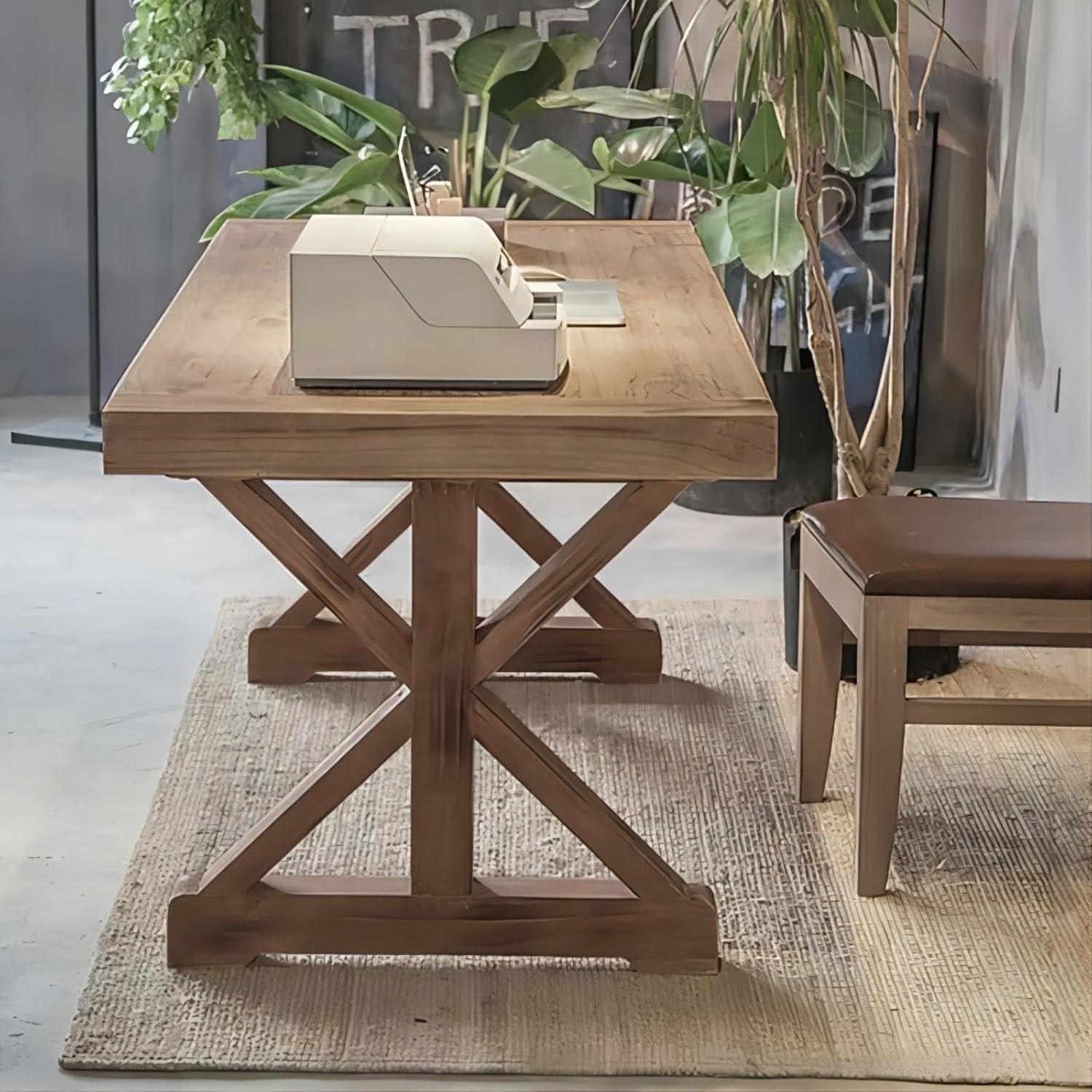 Rustic Farmhouse Computer Desk In Natural With Trestle Base Wooden Office Desk