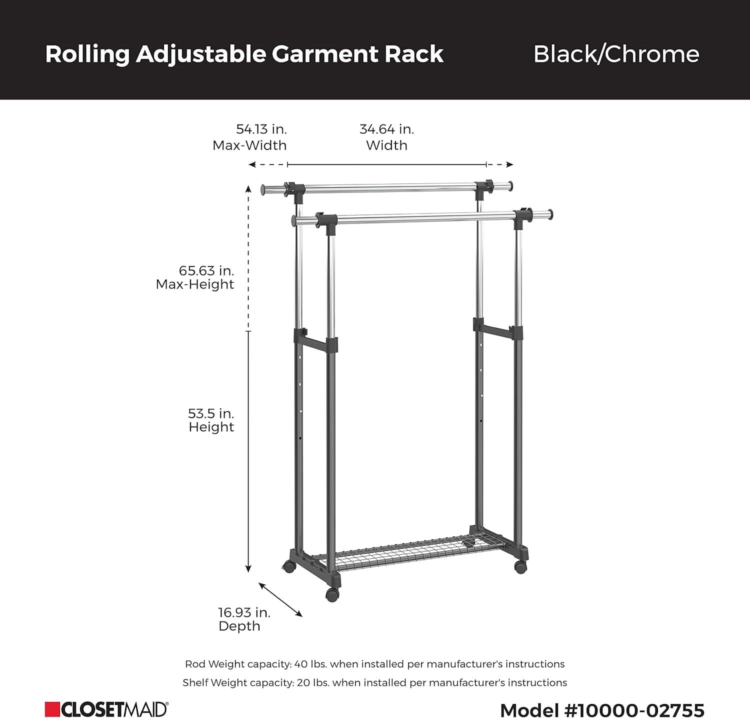 Adjustable Black and Chrome Portable Double Rail Garment Rack