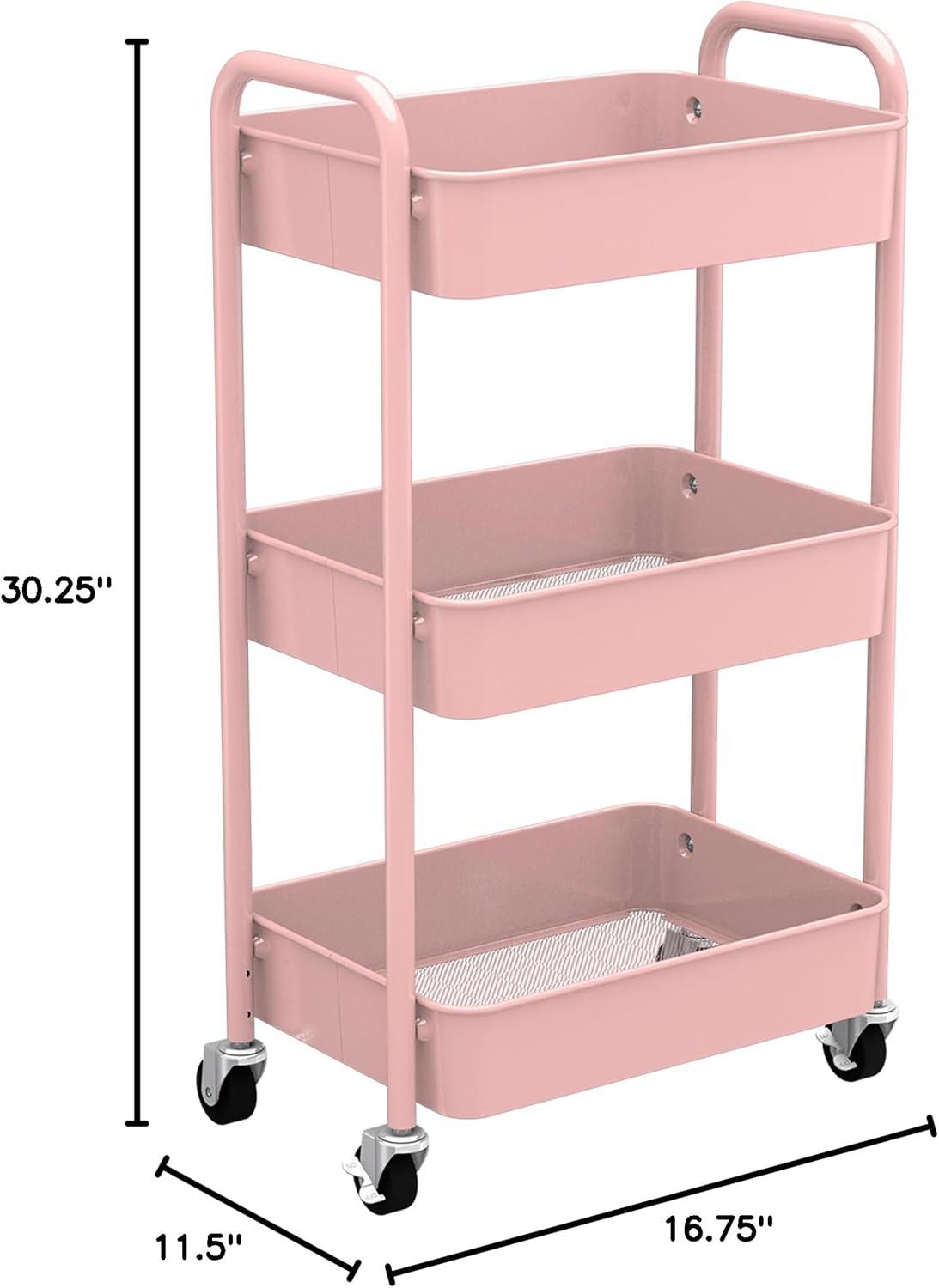 Pink 3-Tier Metal Rolling Utility Cart with Mesh Baskets