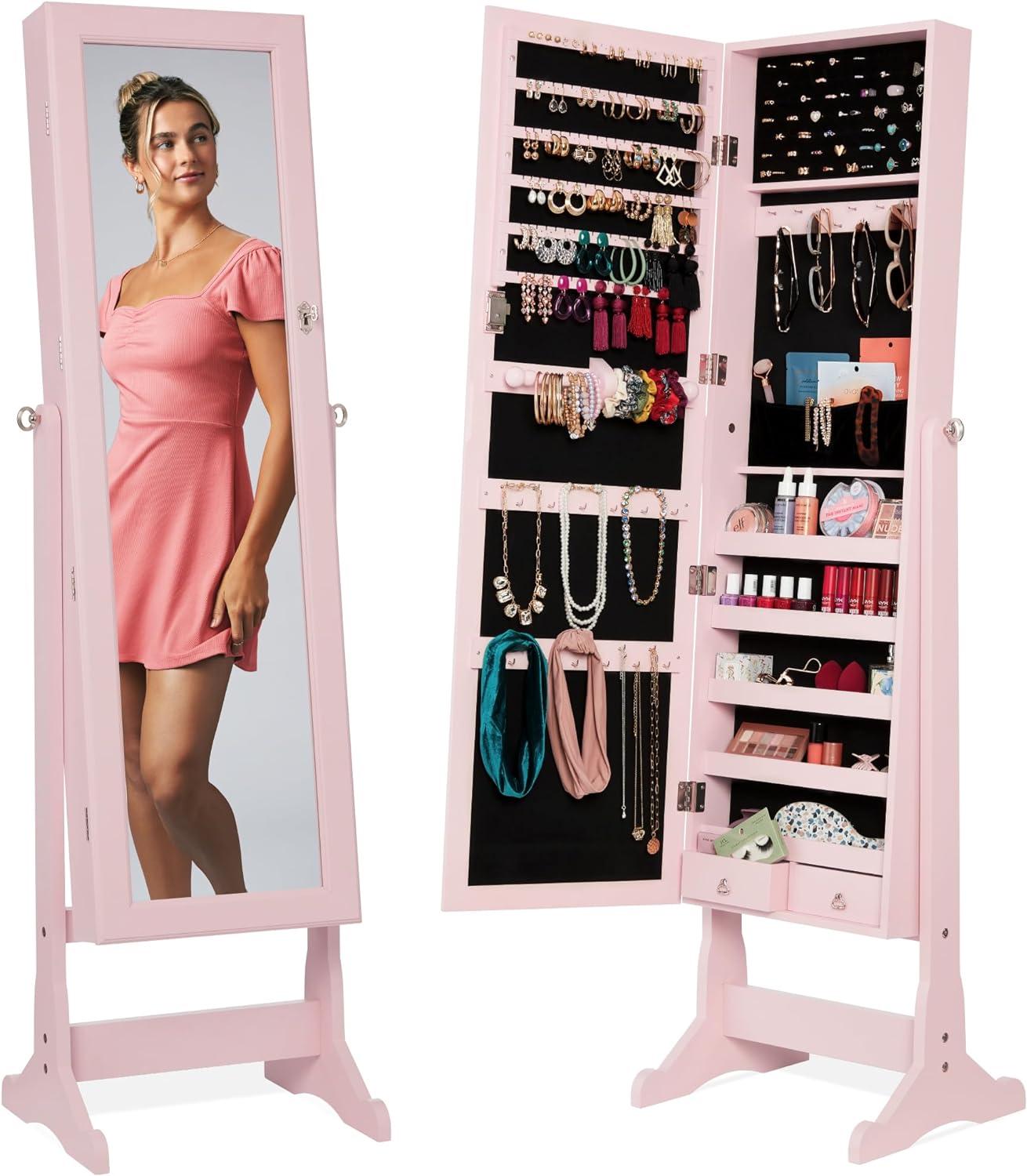 Dusty Pink Full-Length Mirror Jewelry Armoire with Velvet Lining