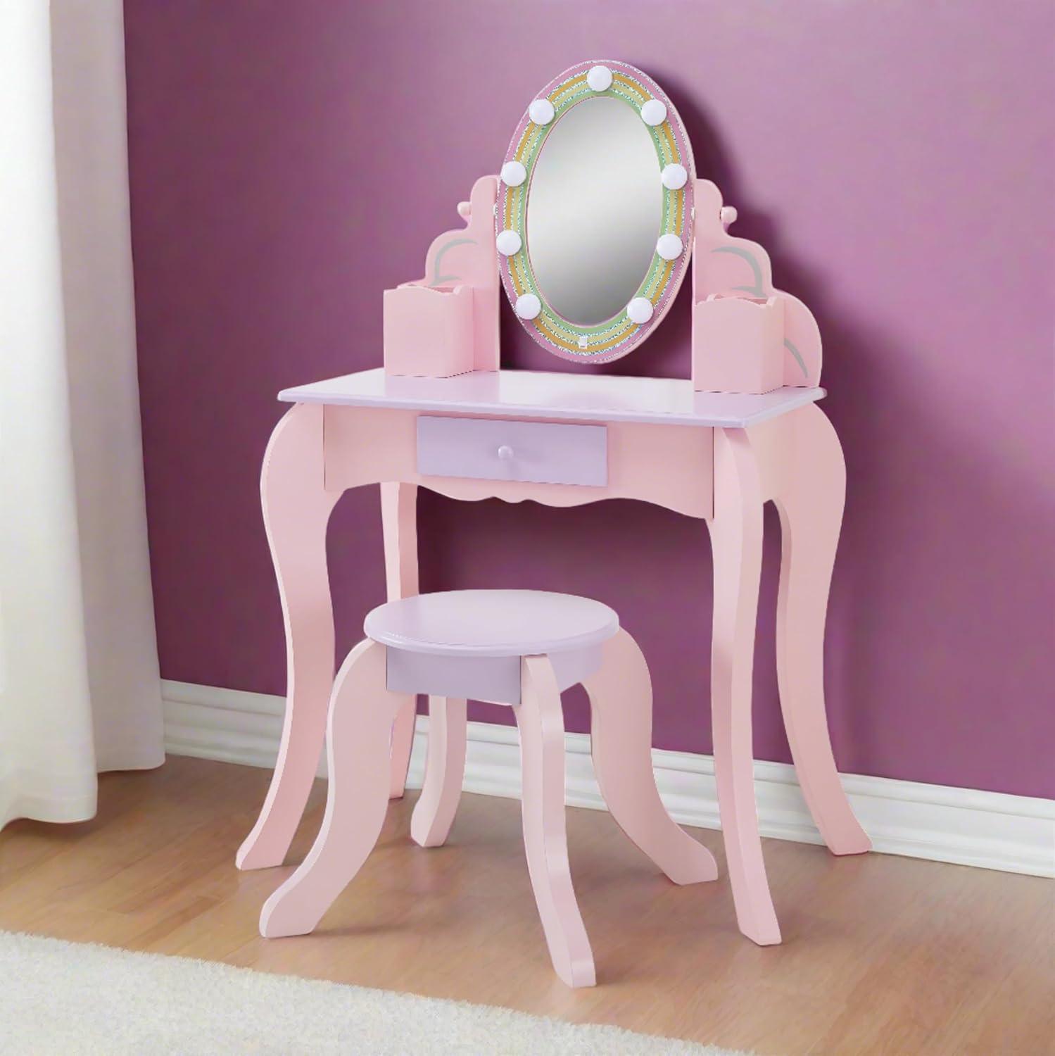 Pink and Lavender Kids Vanity Set with LED Mirror and Stool