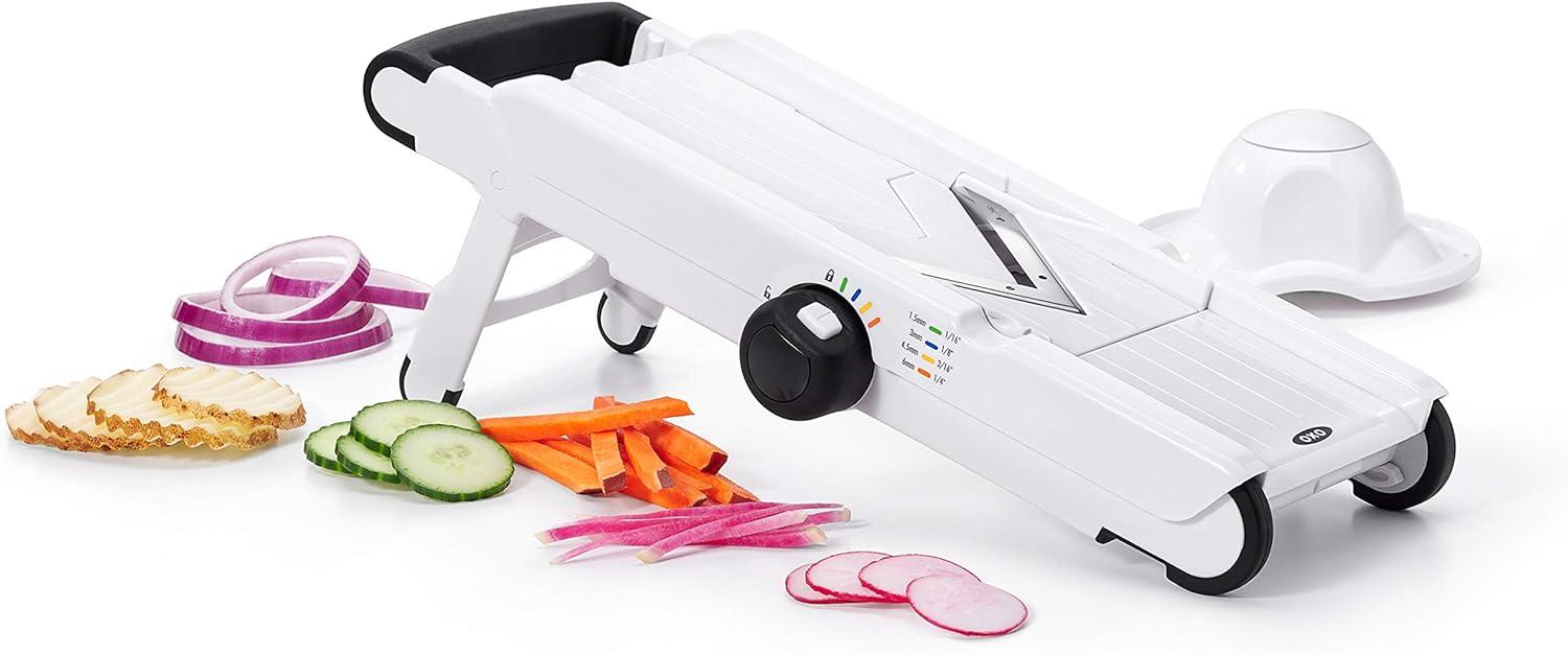 White Adjustable V-Blade Mandoline Slicer with Safety Holder