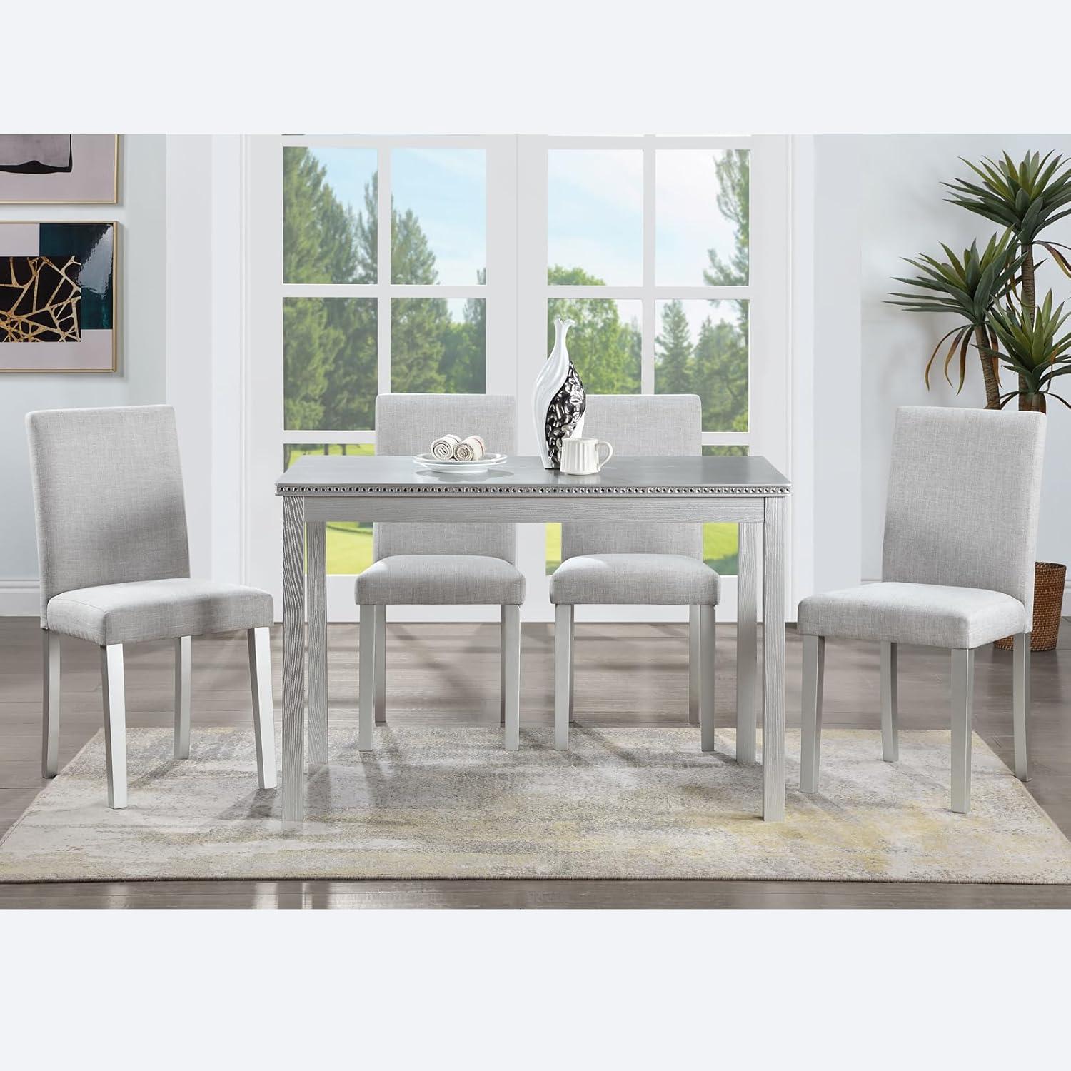 Grey Pine Wood 5-Piece Dining Set with Upholstered Chairs