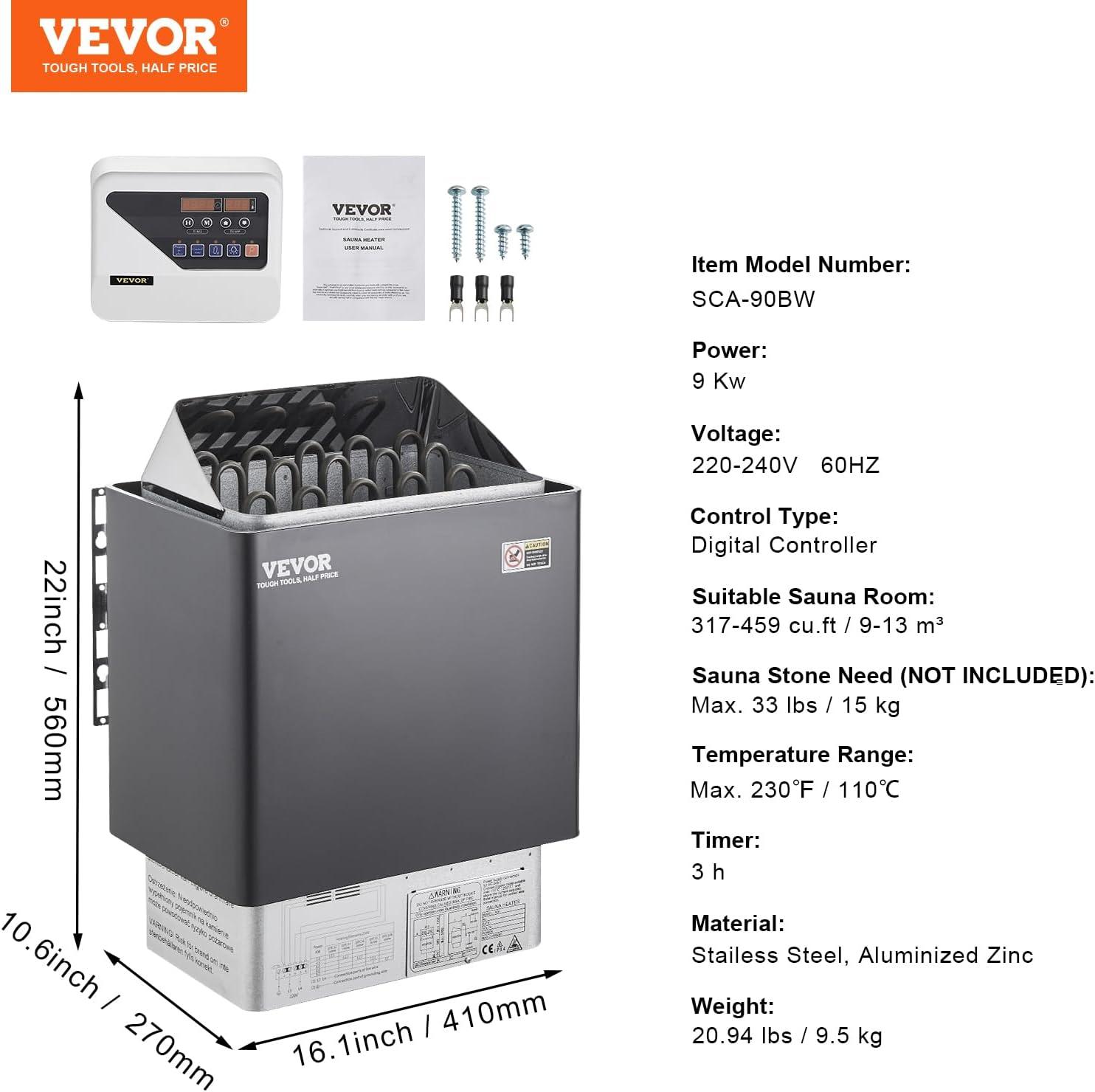 VEVOR 9KW Black and Silver Electric Sauna Heater with Digital Controller