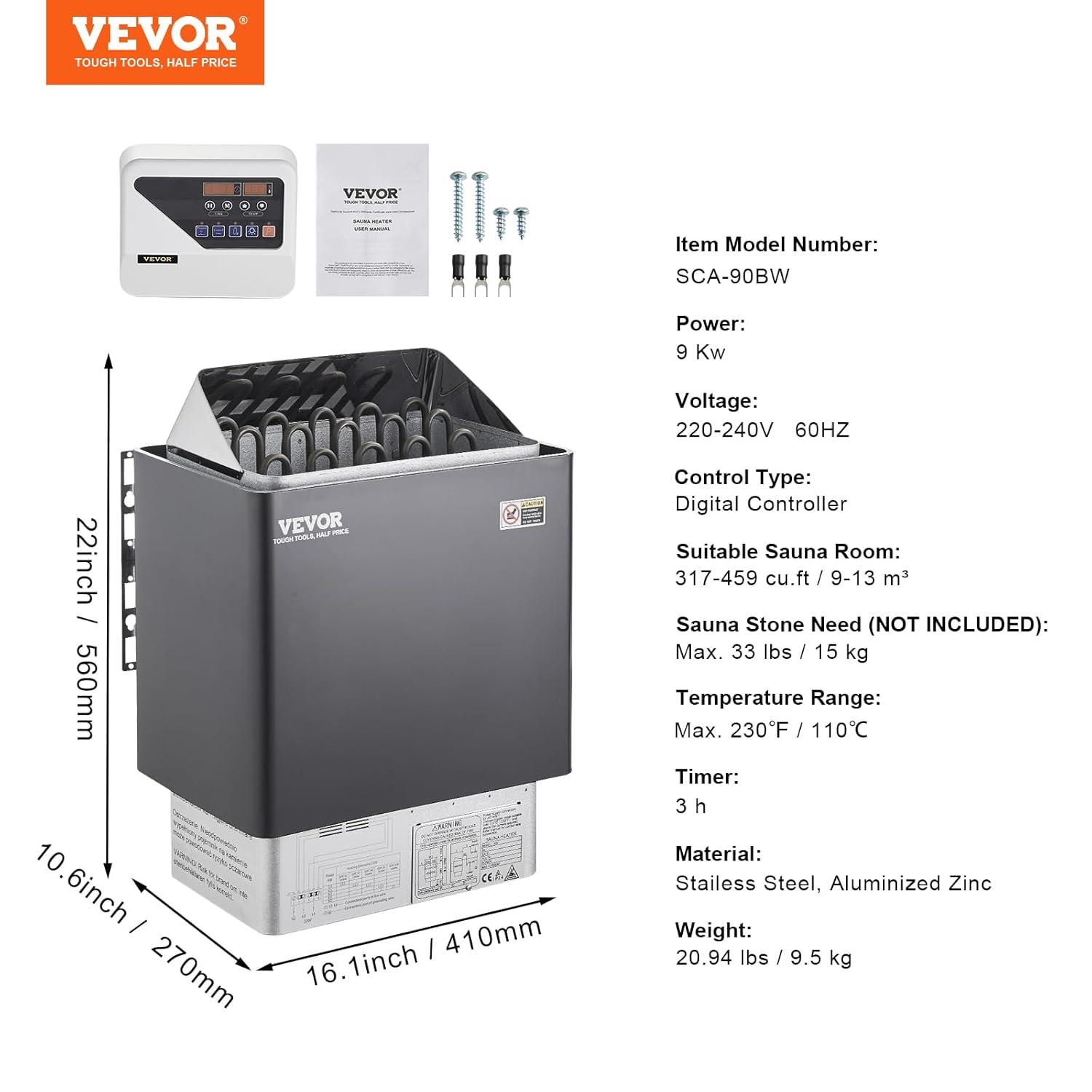VEVOR Sauna Heater, 9KW 220V Electric Sauna Stove, Steam Bath Sauna Heater with External Digital Controller, 3h Timer & Adjustable Temp for Max. 317-459 Cubic Feet, Home Hotel Spa Shower FCC Certify