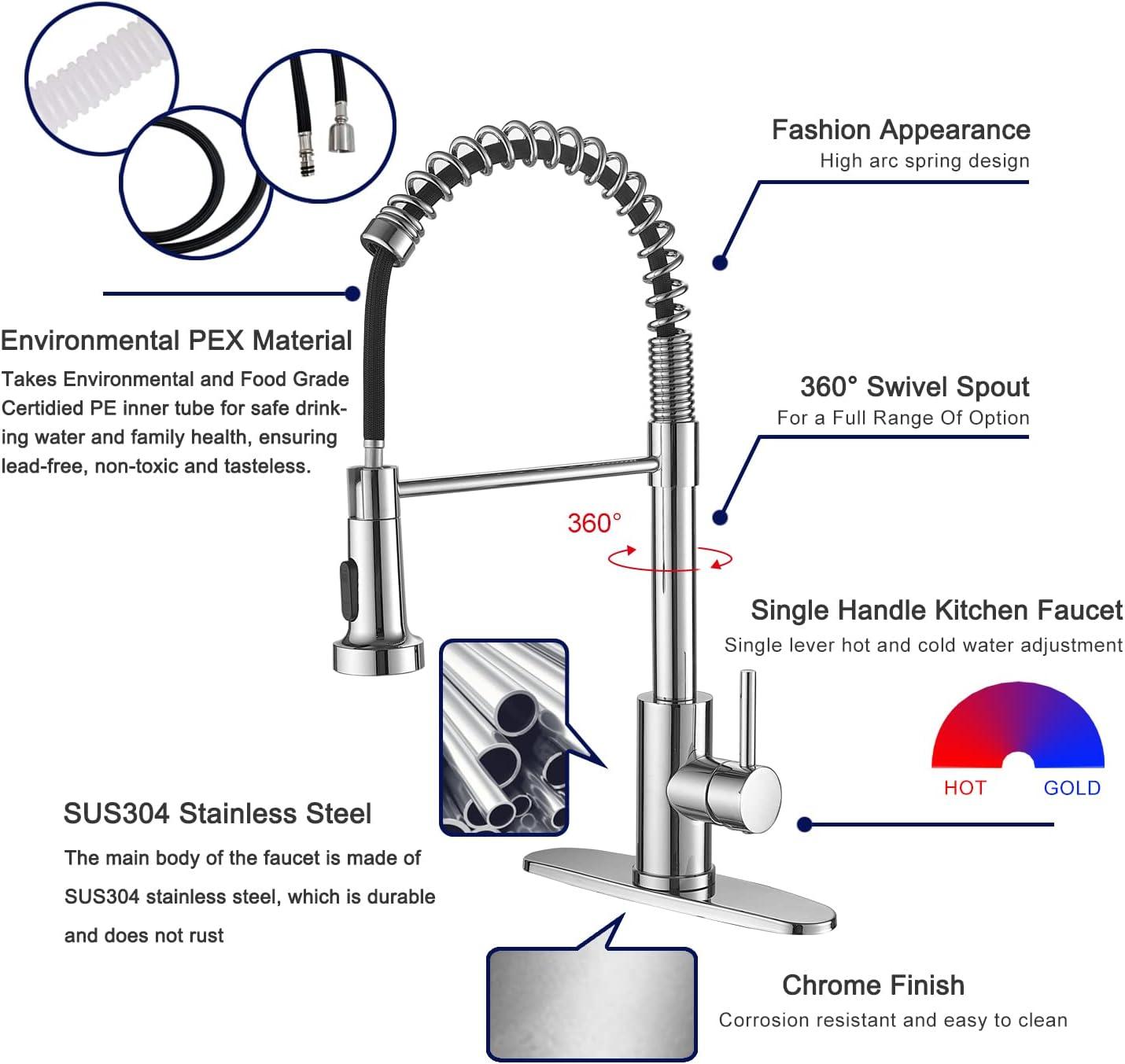 VOTON Chrome Kitchen Faucets with Pull Out Sprayer Commercial Spring Sink Faucet Stainless Steel Pull Down Single Handle Farmhouse faucets with Deck Plate for Camper Laundry Utility Rv Wet Bar