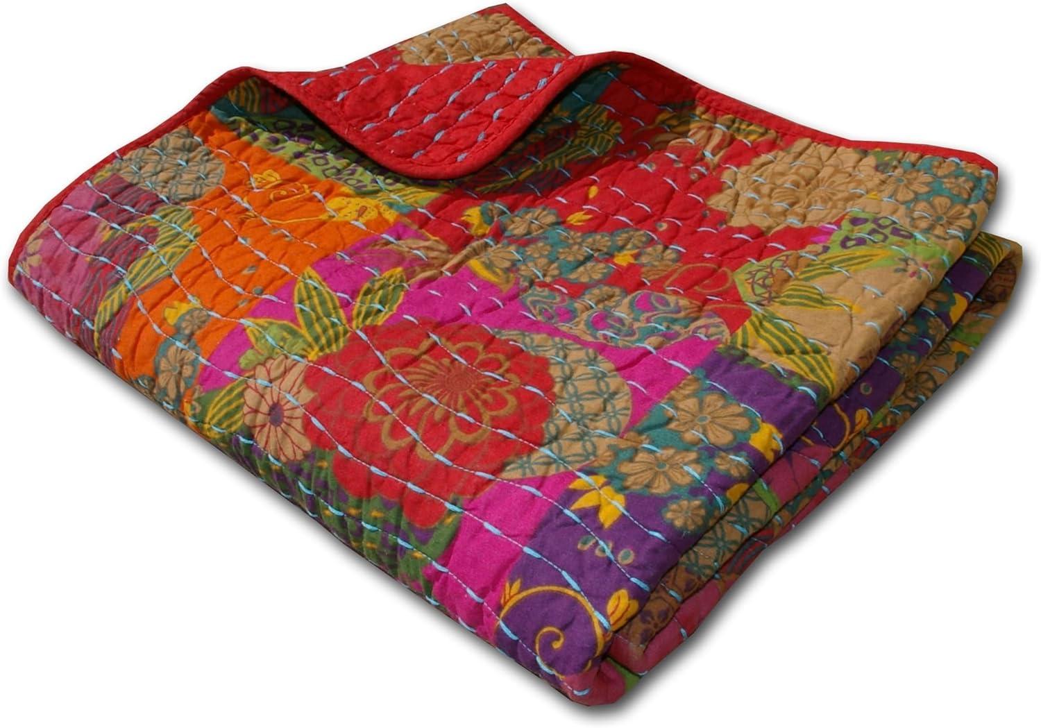 Greenland Home Fashions  Jewel 100% Cotton Kantha-Quilted Boho Floral Throw Blanket Red