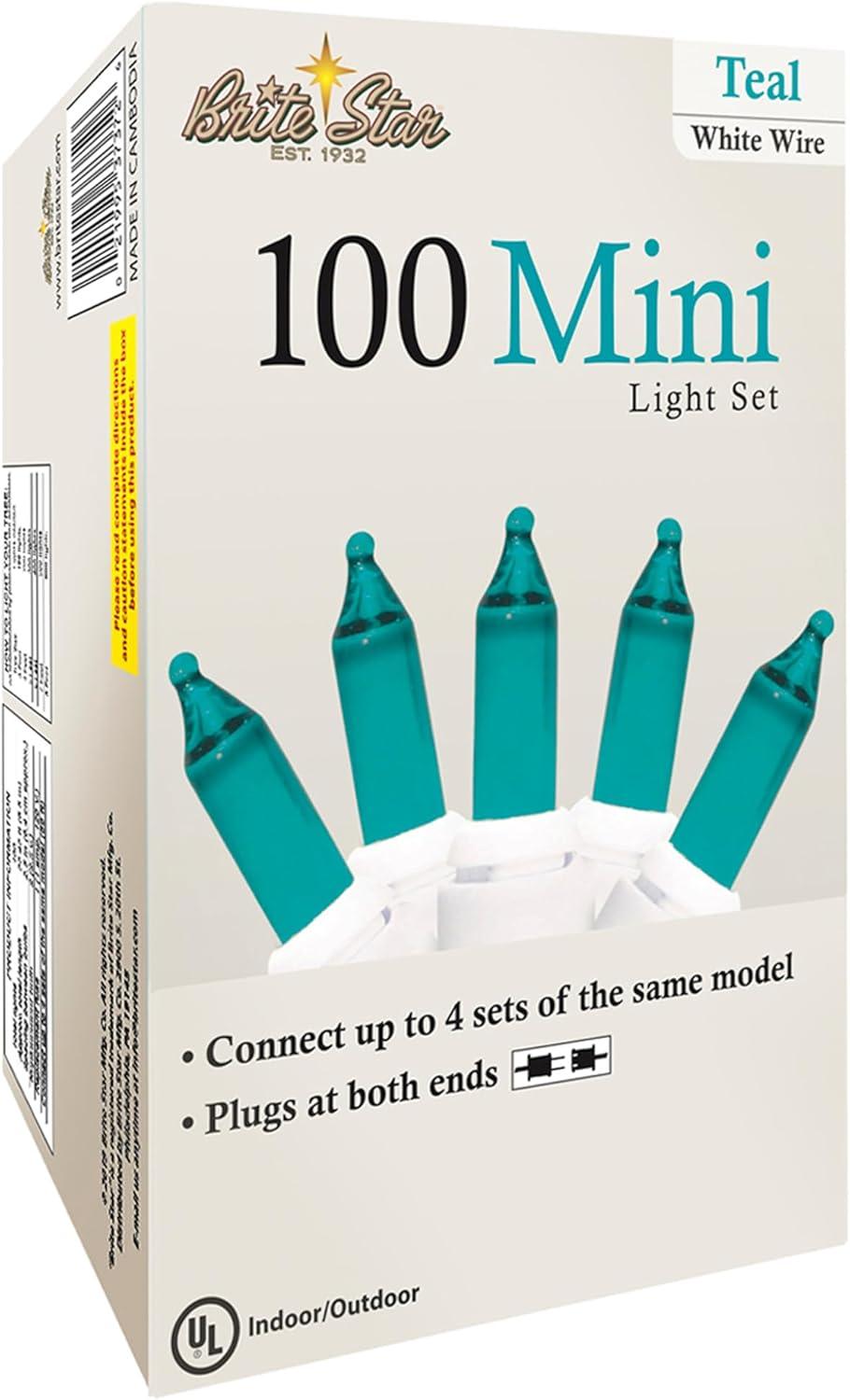 Teal Incandescent Mini String Christmas Tree Lights with White Wire