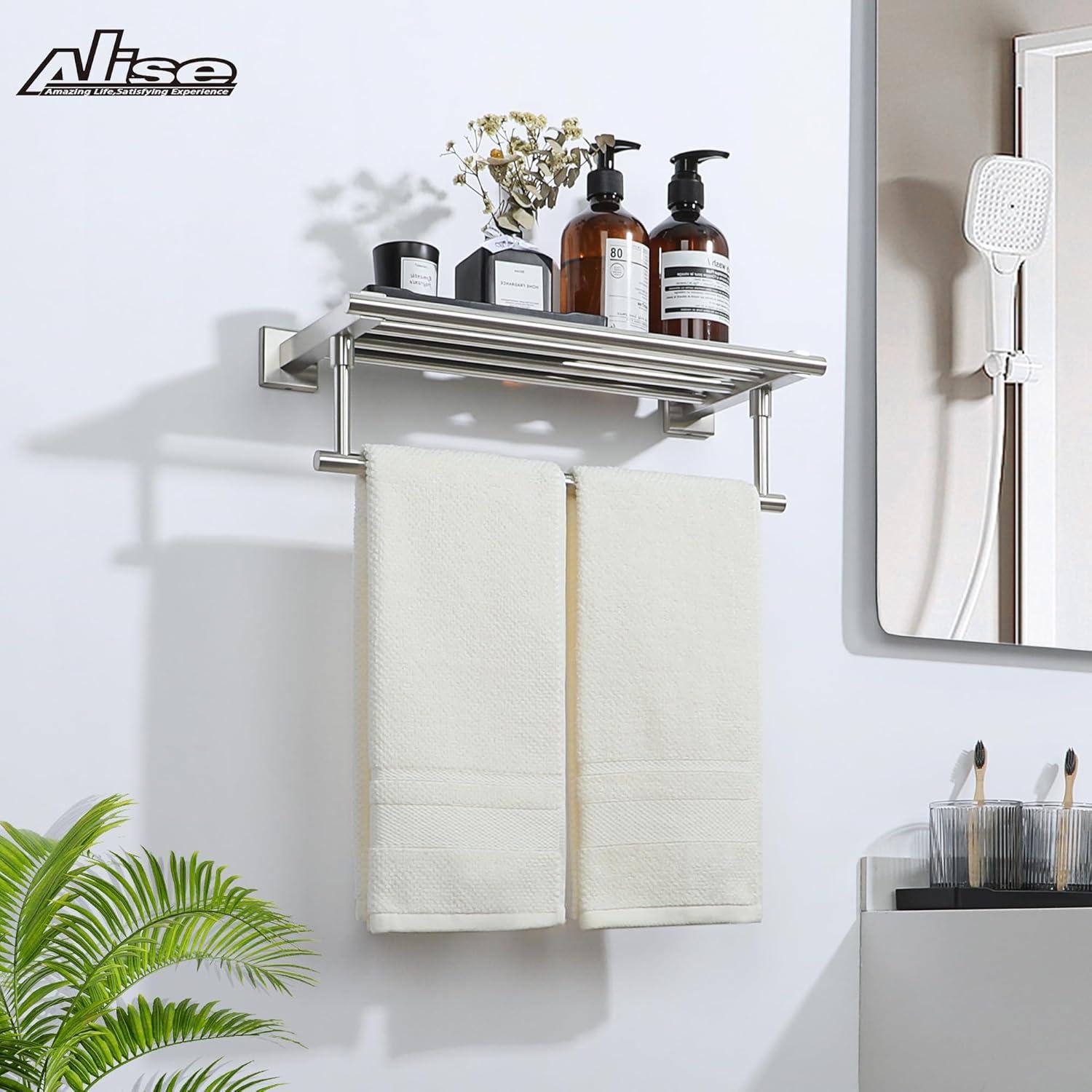 Brushed Nickel Stainless Steel Wall-Mounted Towel Rack with Shelf