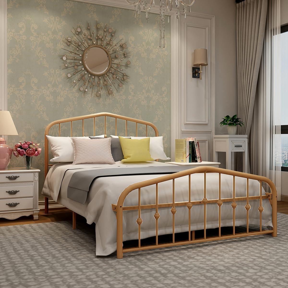 alazyhome Metal Bed Frame Full Size Platform No Box Spring Needed with Vintage Headboard and Footboard Premium Steel Slat Support Mattress Foundation Gold