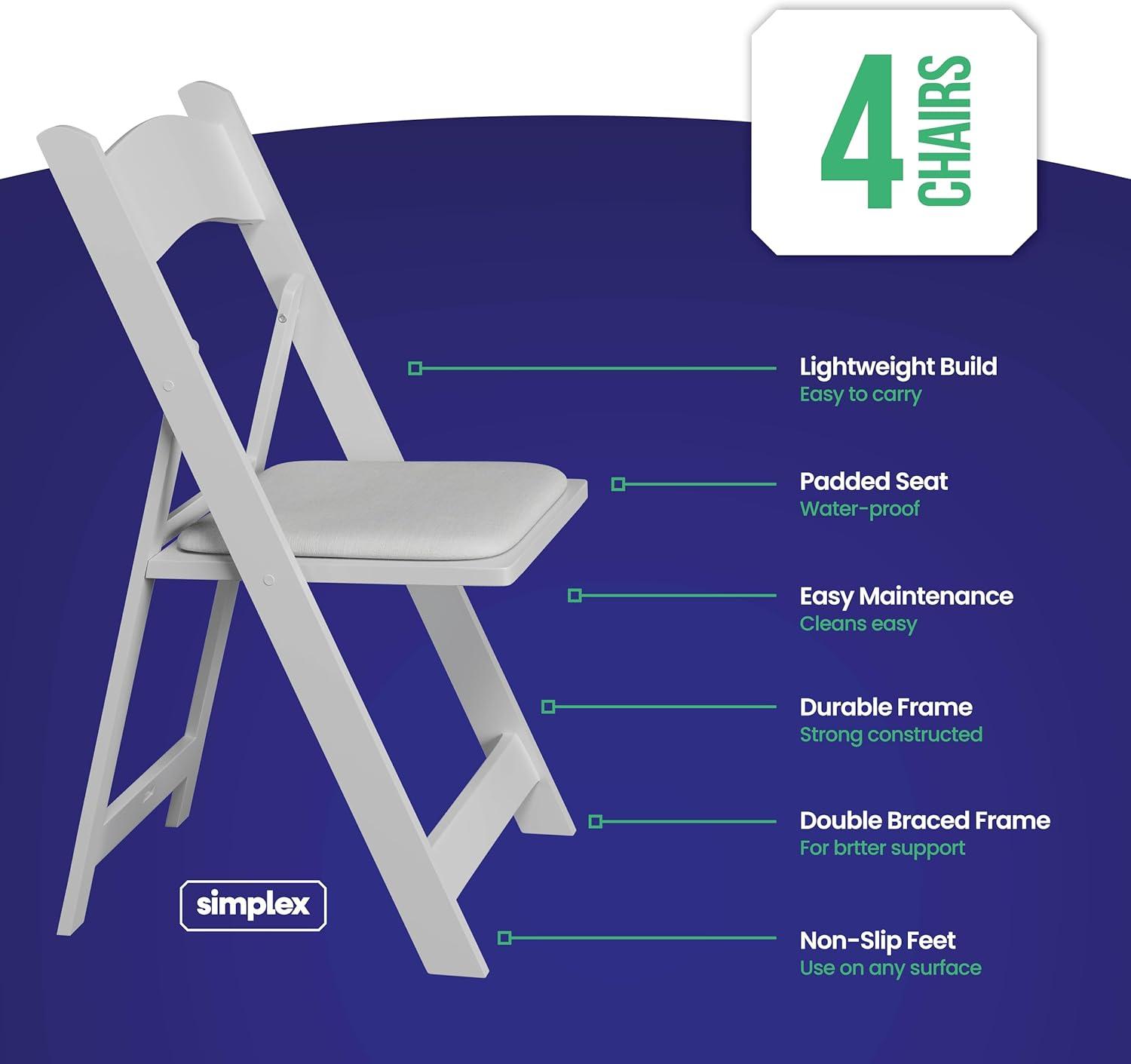 SIMPLEX 4 White Resin Folding Chairs - Comfortable White Foldable Chair - Stackable Chairs with Padded Seats - Indoor/Outdoor Folding Chairs for Events - Lightweight Foldable Chairs (4 Pack)