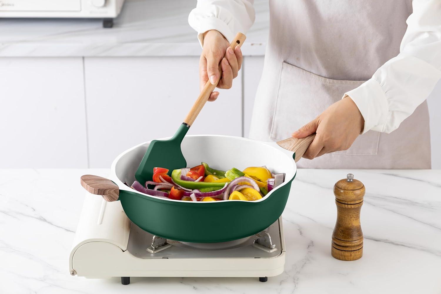 Sage Green Nonstick Cast Aluminum 14-Piece Cookware Set with Utensils