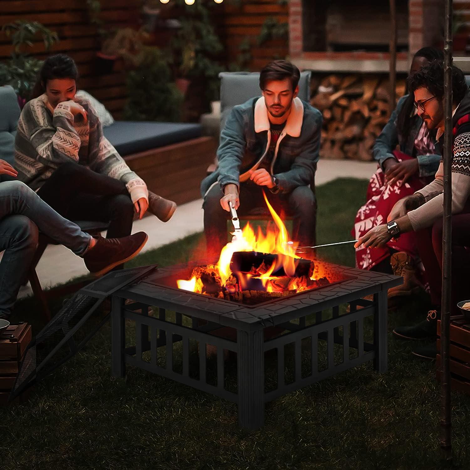 MoNiBloom 32" Fire Pit for Outside, Wood Burning Fire Pit Table with Screen Lid, Poker and Log Grate, Outdoor Fire Pit for Backyard Patio Garden, Black