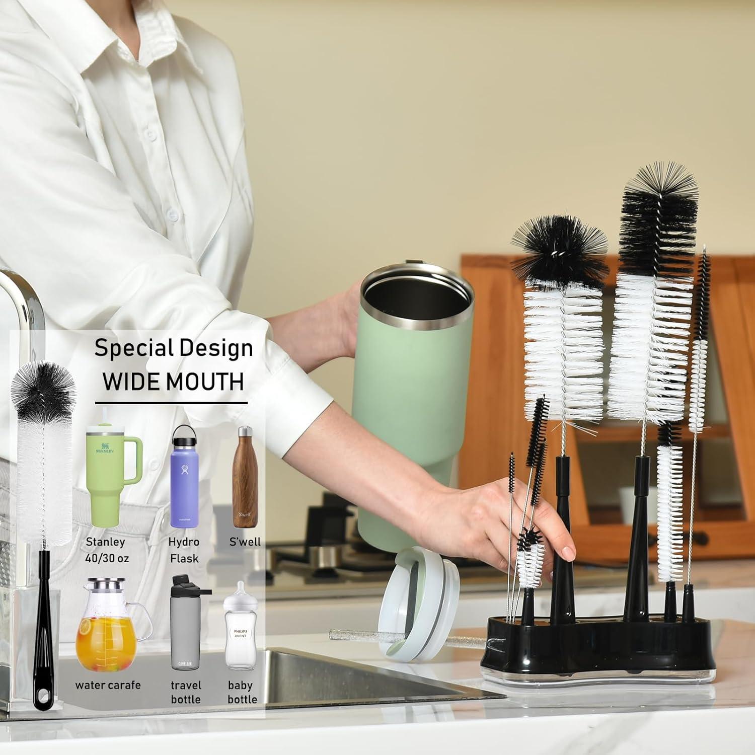 ZOUYUE 8 Pcs Bottle Cleaning Brush Set Long Handle Black Bottle Cleaner Sturdy Food Grade for Cleaning Baby Bottles Sports Water Bottles Flask