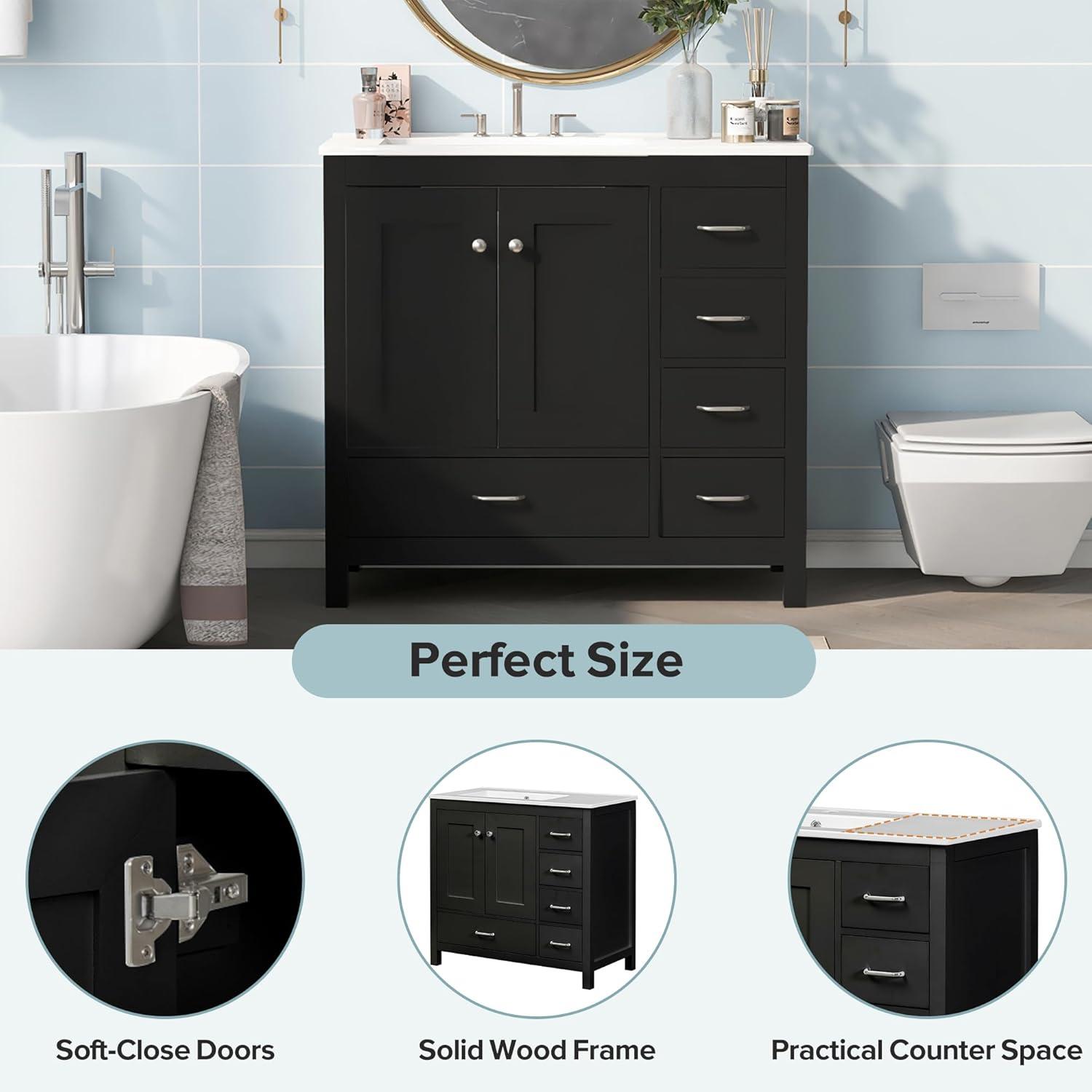 Kojooin 36" Bathroom Vanity With Ceramic Sink Combo, Storage Cabinet, 2 Soft Close Doors And 5 Drawers, Bathroom Sink Cabinet For Home Garage Garden Office