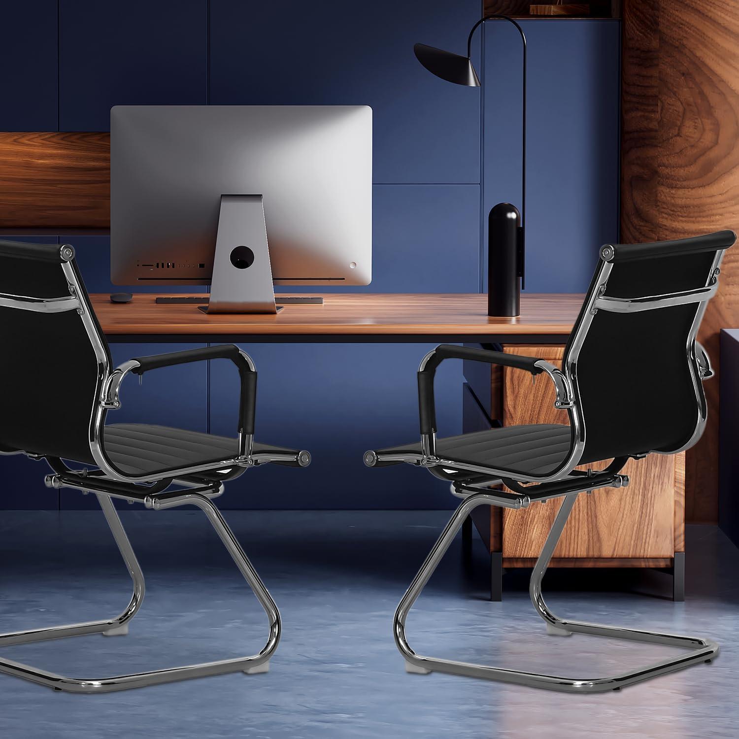 Guyou Modern Mid Back Office Guest Chair Set of 2, Faux Leather Reception Chair Computer Chair with Armrests and Metal Sled Base for Meeting/Waiting/Conference Room, No Wheels, Black