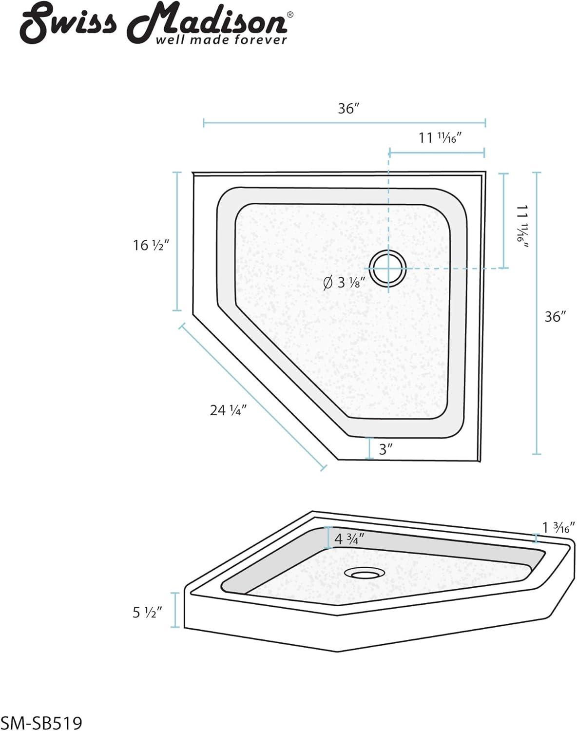 Voltaire 36" x 36" Acrylic White, Single-Threshold, Center Drain, Neo-angle Shower Base