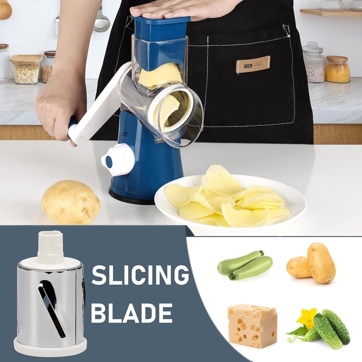 TURTM  KEOUKE Rotary Cheese Grater with Ergonomic Handle - Effortless Slicing & Grating for Cheese  Potatoes  Zucchini  Nuts & Chocolate - 3 Interchangeable Stainless Steel Blades - Versa