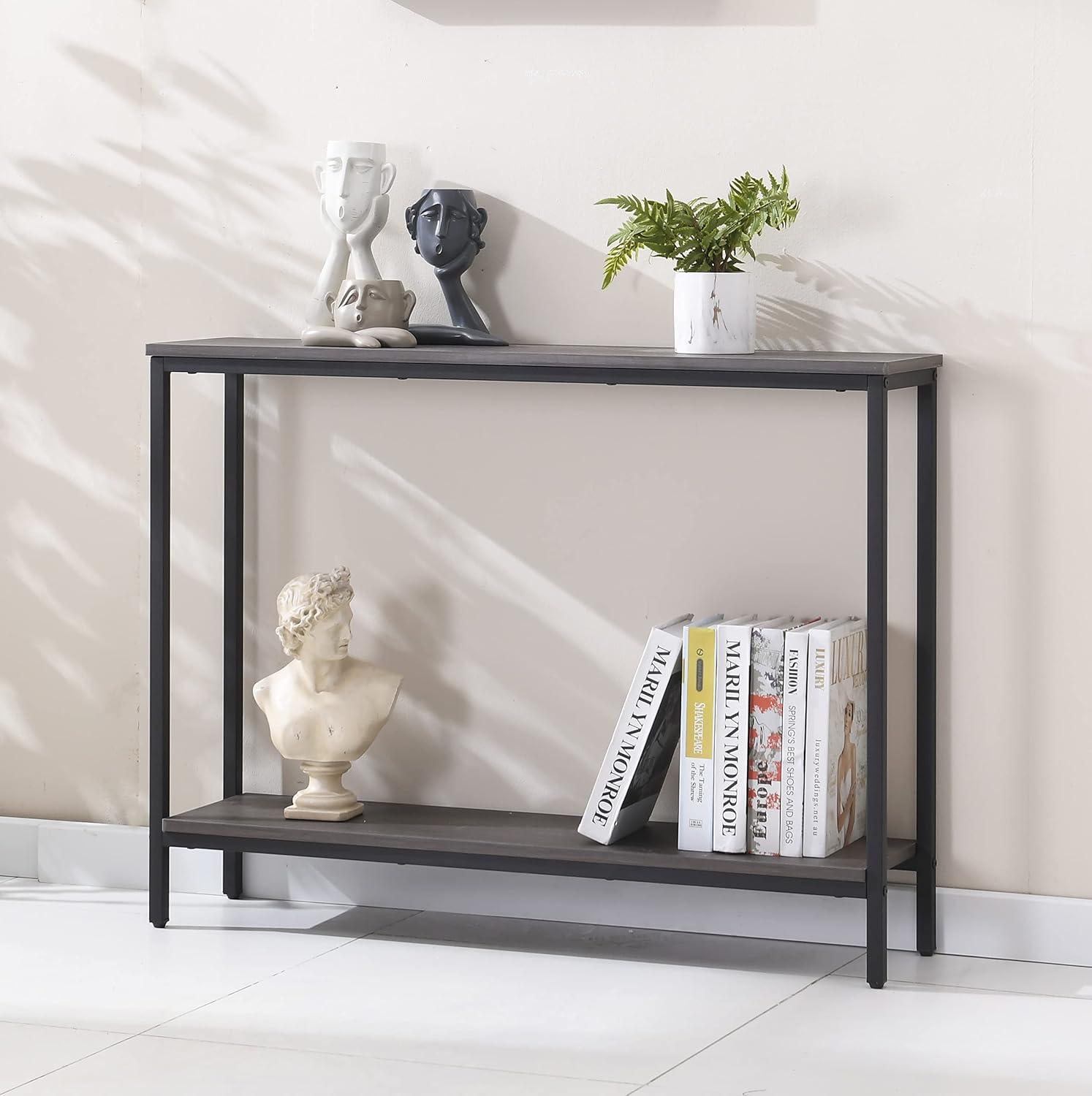 Dark Gray Industrial Wood and Metal Console Table