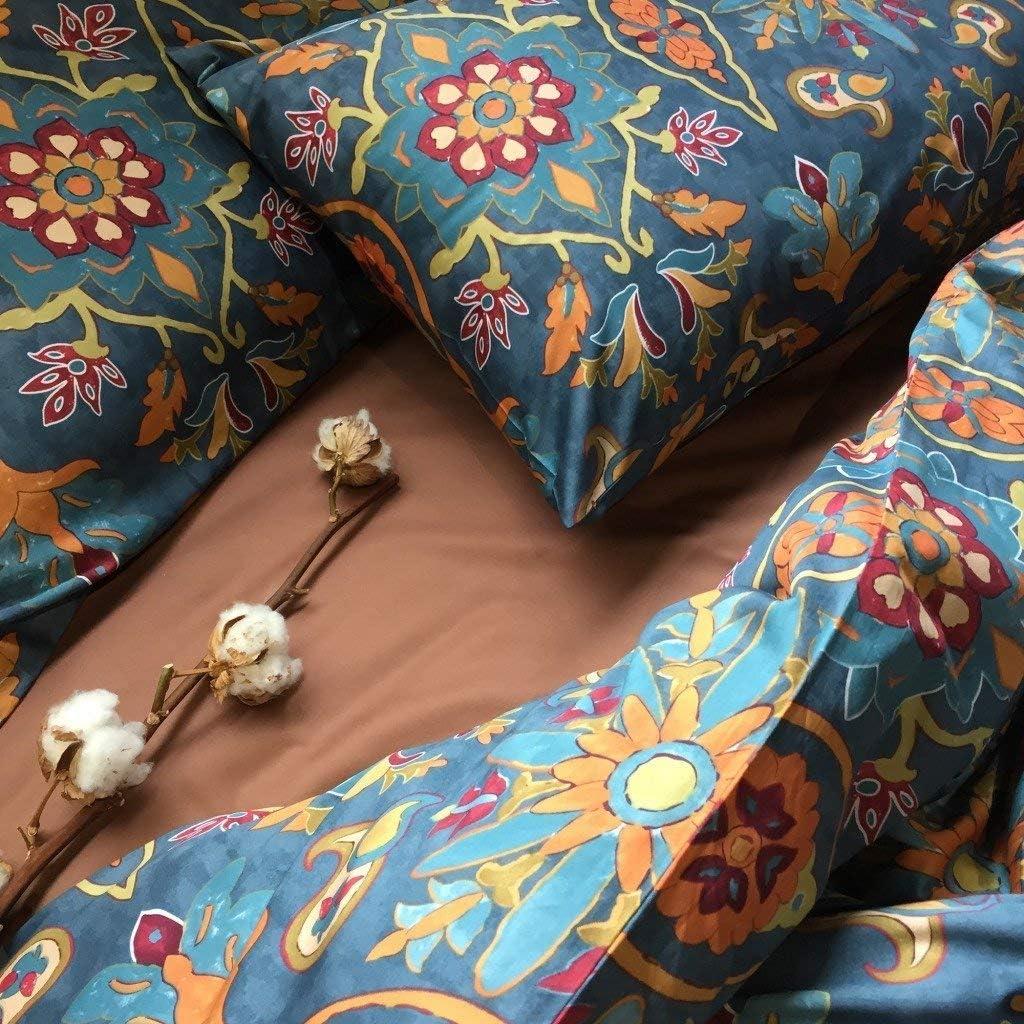 Eikei Home Damask Medallion Luxury Duvet Quilt Cover Boho Paisley Print Bedding Set 400 Thread Count Egyptian Cotton Sateen Vibrant Bohemian Pattern (Spanish Tile, Queen)