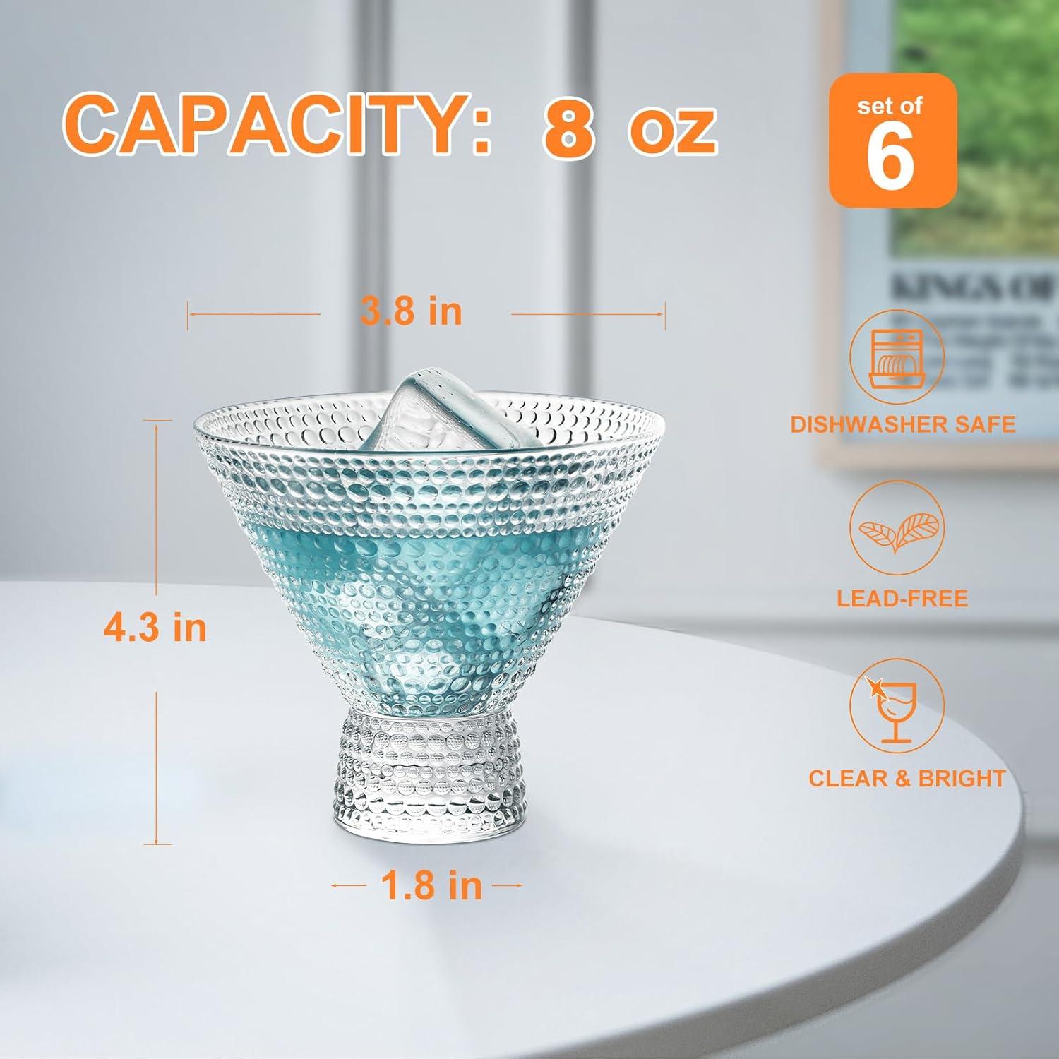 Stemless Vintage Martini Glasses 8Oz Set Of 6 Cute Vintage Cocktail Cups With Hobnail Design, Stemless Margarita And Champagne Glasses For Parties, Home Entertaining, Bar Gifts, Clear