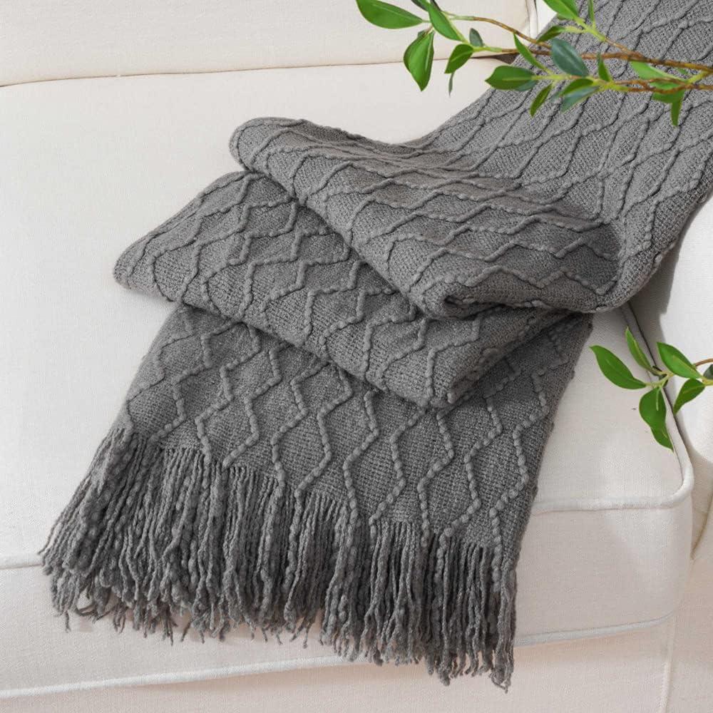 Battilo Dark Grey Throw Blanket for Couch, Textured Solid Grey Blanket Throw, Knitted Bed Throws for Foot of Bed, 50"x60"