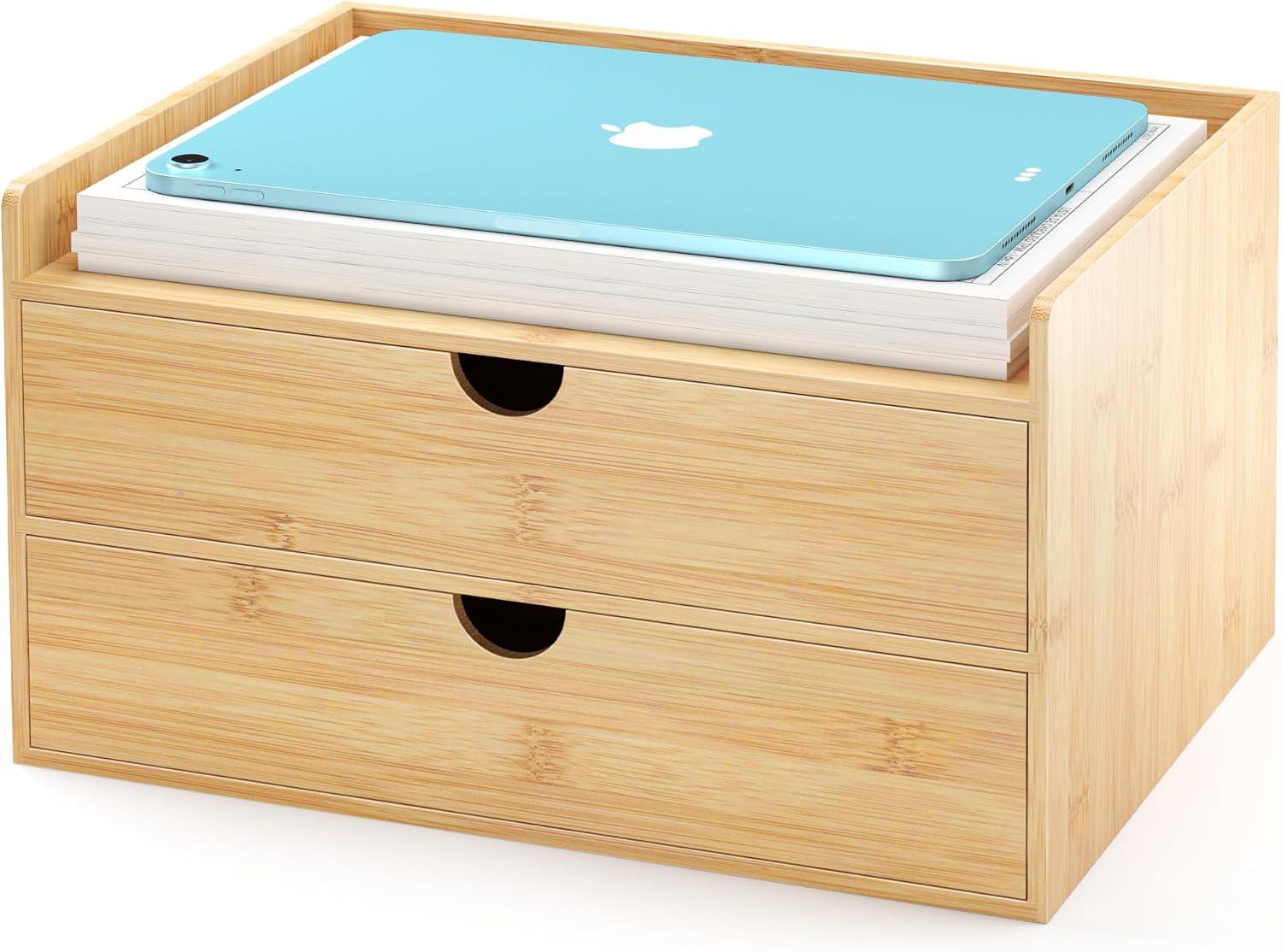 Bamboo Desk Drawer Organizer, 2 Drawer Desktop Organizer with Drawers Tabletop Storage Organization Box for Office Home Toiletries Supplies Vanity, No Assembly Required