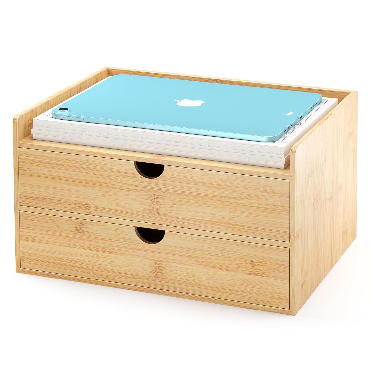 Bamboo Desk Drawer Organizer, 2 Drawer Desktop Organizer with Drawers Tabletop Storage Organization Box for Office Home Toiletries Supplies Vanity, No Assembly Required