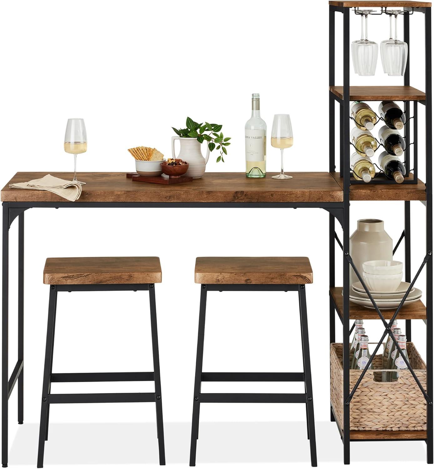 Best Choice Products 3-Piece Bar Height Dining Set w/ Bottle Rack, Glass Storage, 5 Shelves