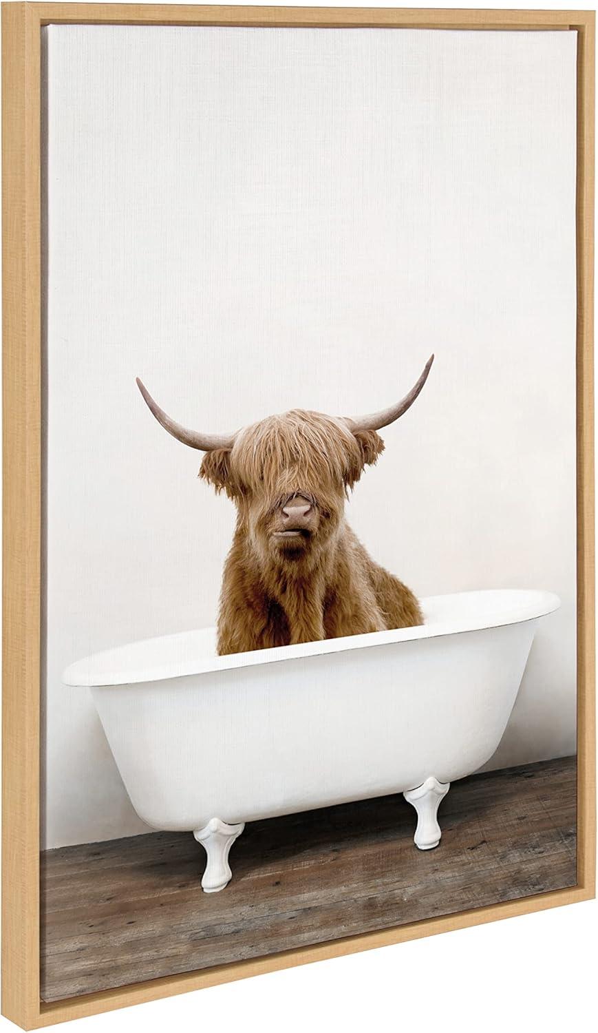 Kate and Laurel Sylvie Highland Cow in Tub Color Framed Canvas by Amy Peterson Art Studio, 23x33, Natural