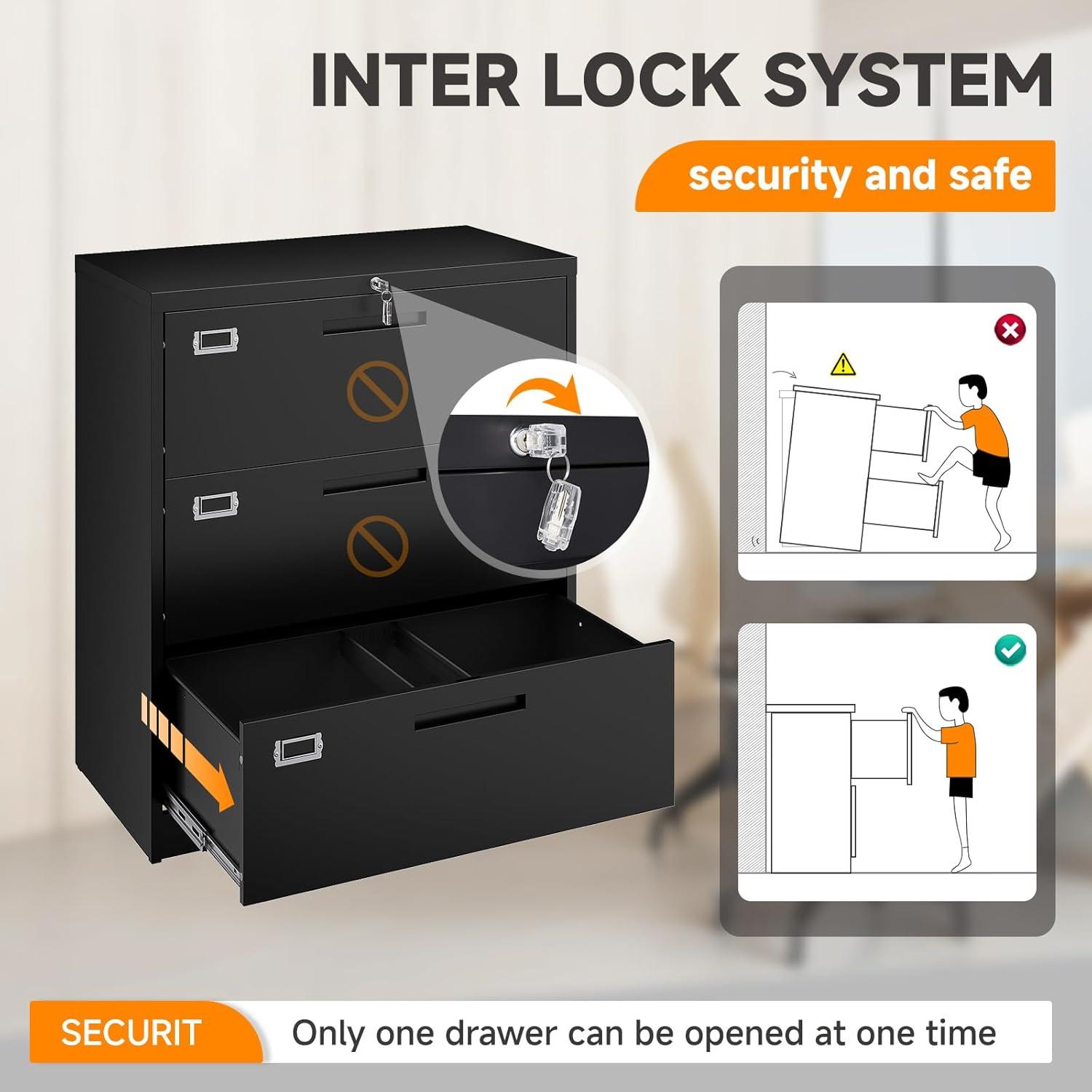 MIIIKO Lateral File Cabinet with Lock, 3 Drawer Lateral Filing Cabinet, Large Deep Drawers Locked by Keys, Metal Storage File Cabinet for Hanging Files Letter/Legal/F4/A4 Size