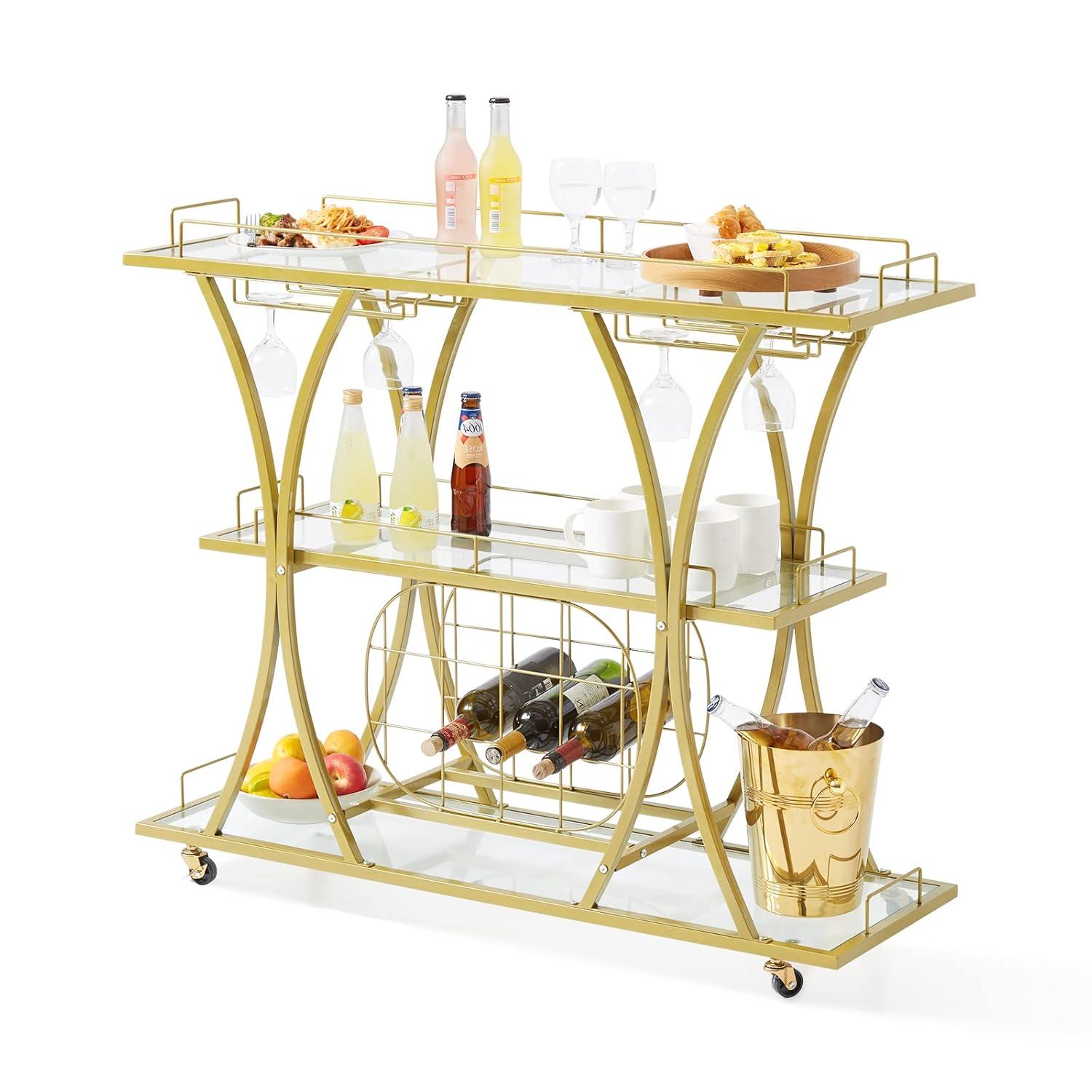 VEVOR Bar Cart Gold 3 Tiers Home Bar Serving Cart on Lockable Wheels with Tempered Glass Shelves Guardrail Wine Rack