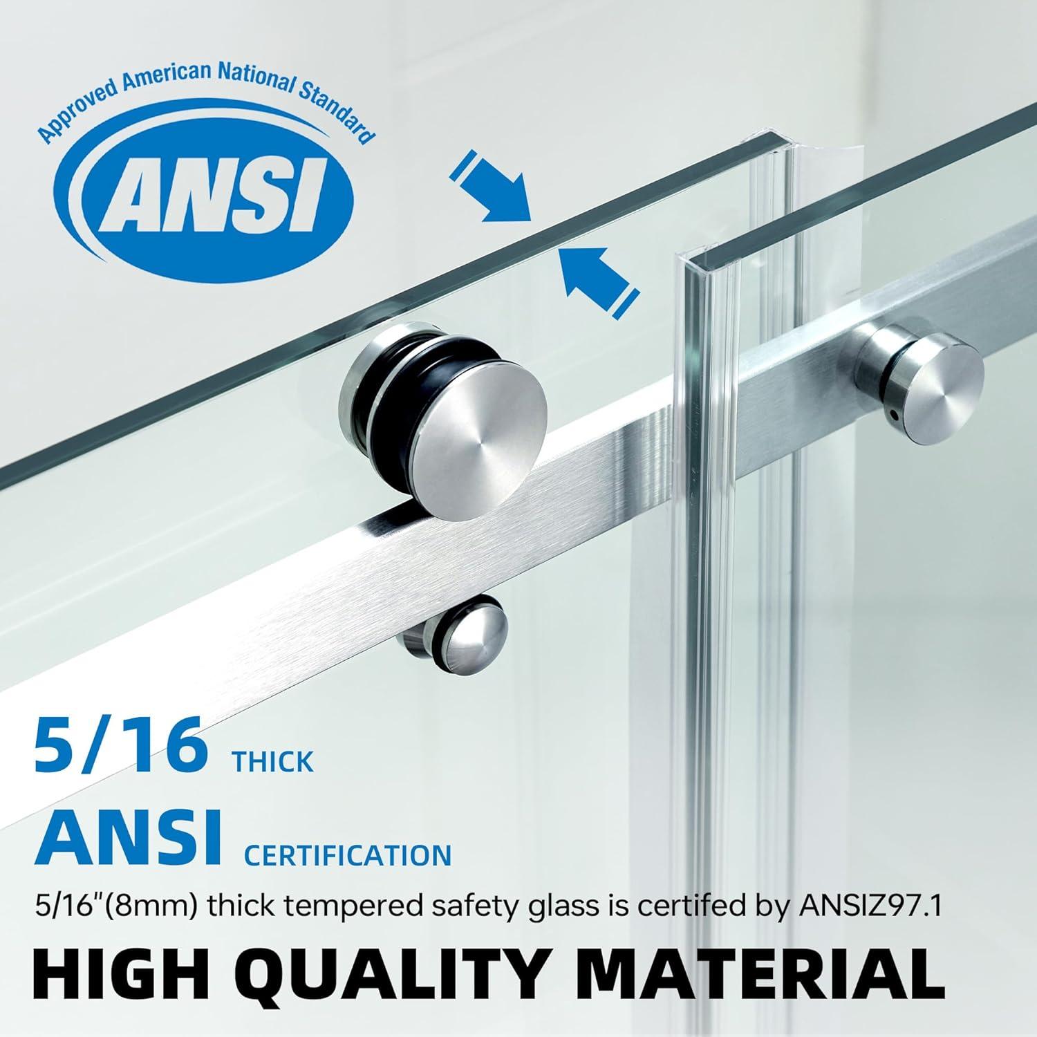 WoodBridge Semi-Frameless Single Sliding Shower Doors, 56-60" W X 76" H With 5/16" Clear Tempered Glass And Explosion-Proof Film MSDF6076-C