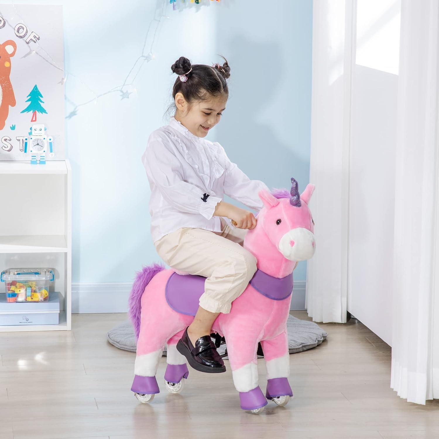 Qaba Ride On Real Walking Unicorn with Sparkly Horn, Soft Plush Ride On Rocking Horse Bearing 176lbs, Imaginative Interactive Toy for Kids, Unicorn Gifts